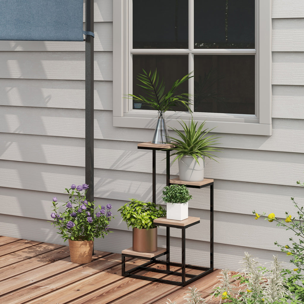 Outsunny shelf for 4 -level plants in steel and wood, 40x40x75.5 cm, brown and black - Borgè