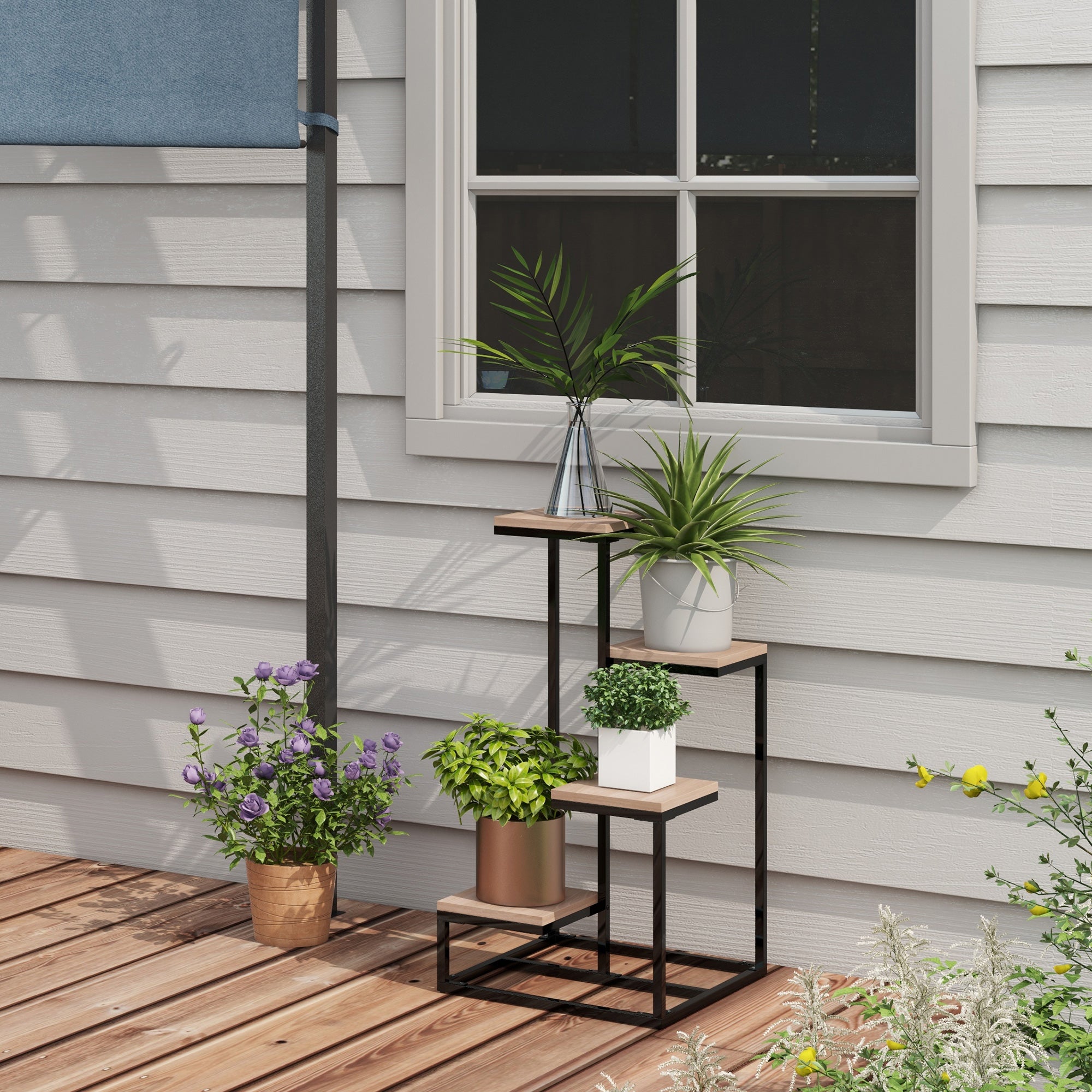 Outsunny shelf for 4 -level plants in steel and wood, 40x40x75.5 cm, brown and black - Borgè