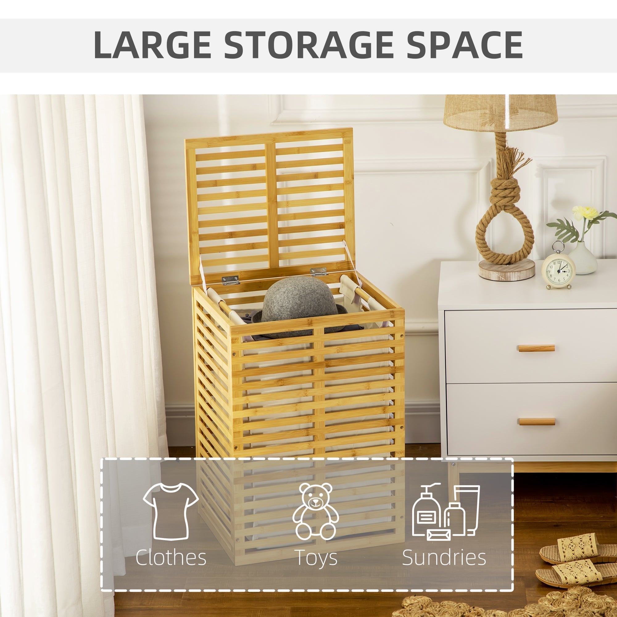 Bamboo bamboo bamboo cane with lid and sack in removable and washable polyester, 44x37x62.5 cm, wood color - Borgè