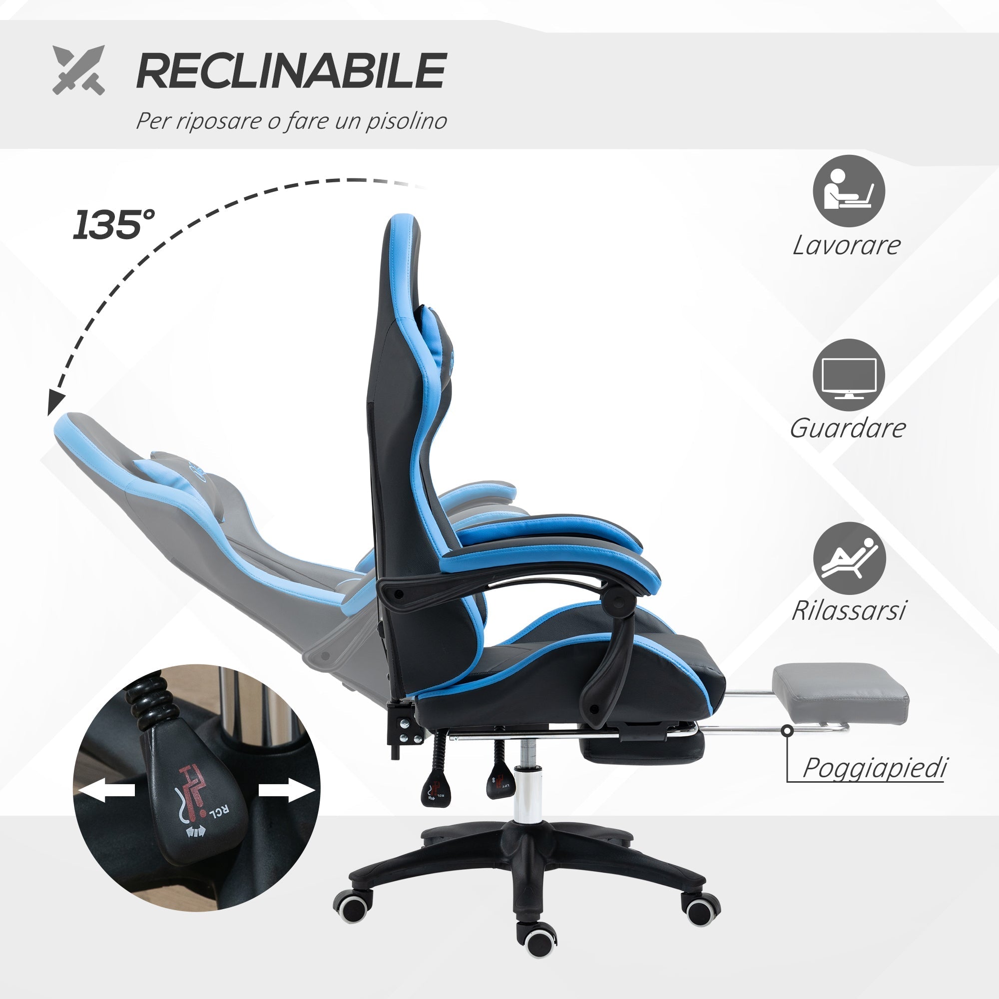Gaming chair with adjustable height and reclining height, 65x65x121-129 cm, blue and black - Borgè