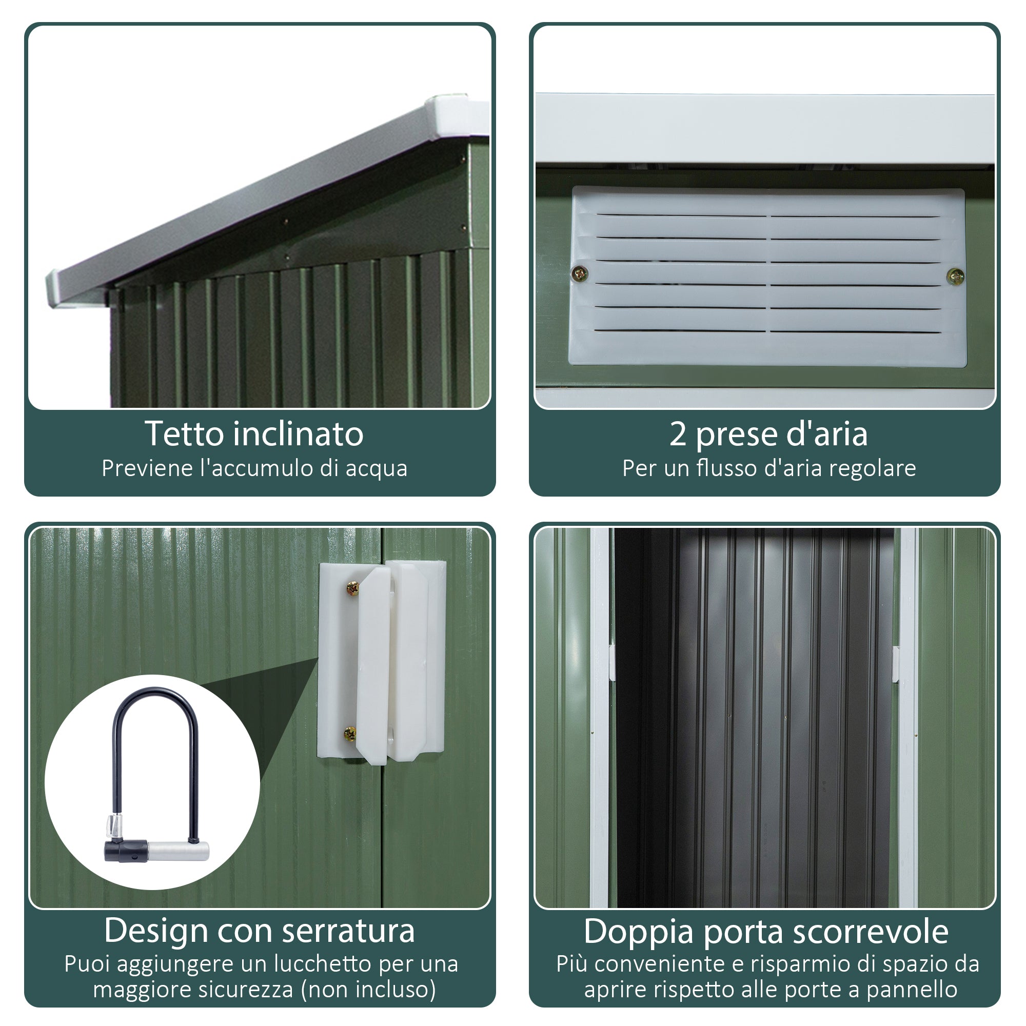 Steel Garden House with Double Sliding Door and air intakes, 213x130x173 cm, green - Borge' Group Limited