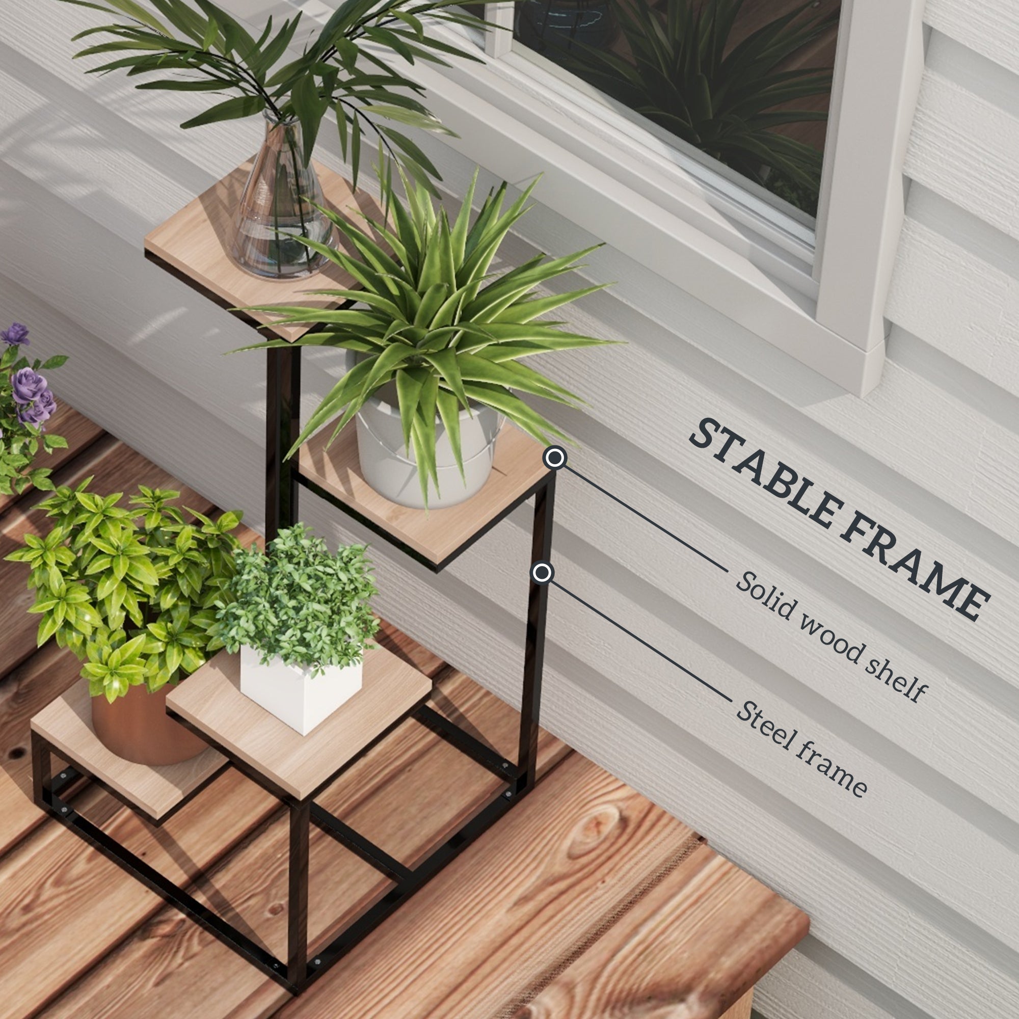 Outsunny shelf for 4 -level plants in steel and wood, 40x40x75.5 cm, brown and black - Borgè