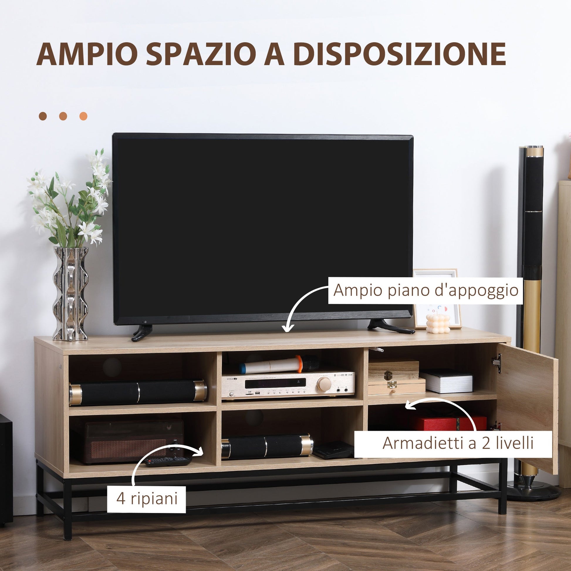 Modern TV Mobile for TV Max 60 "in MDF and steel with 4 open shelves and 2 -level locker, 140x40x55.3 cm - Borgè