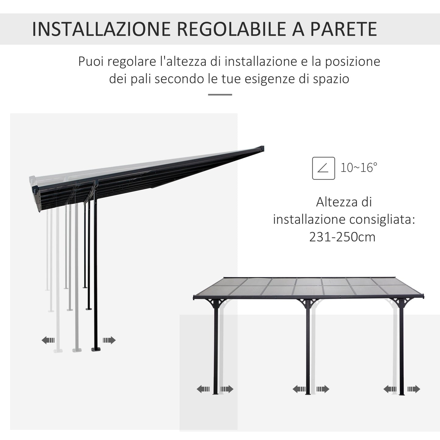 Outsunny pergola leaning against polycarbonate and aluminum garden, adjustable installation, Grey - Borgè