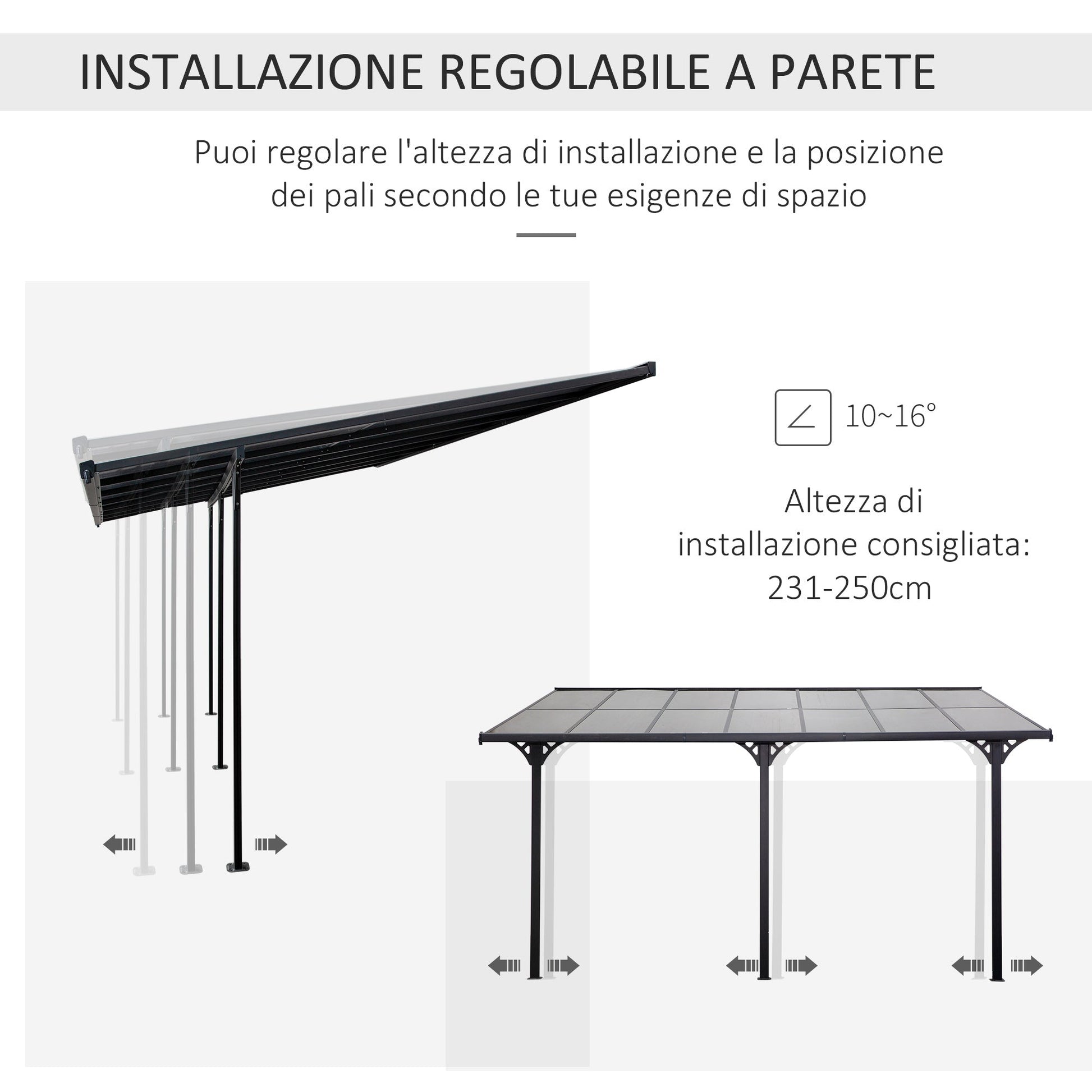 Outsunny pergola leaning against polycarbonate and aluminum garden, adjustable installation, Grey - Borgè