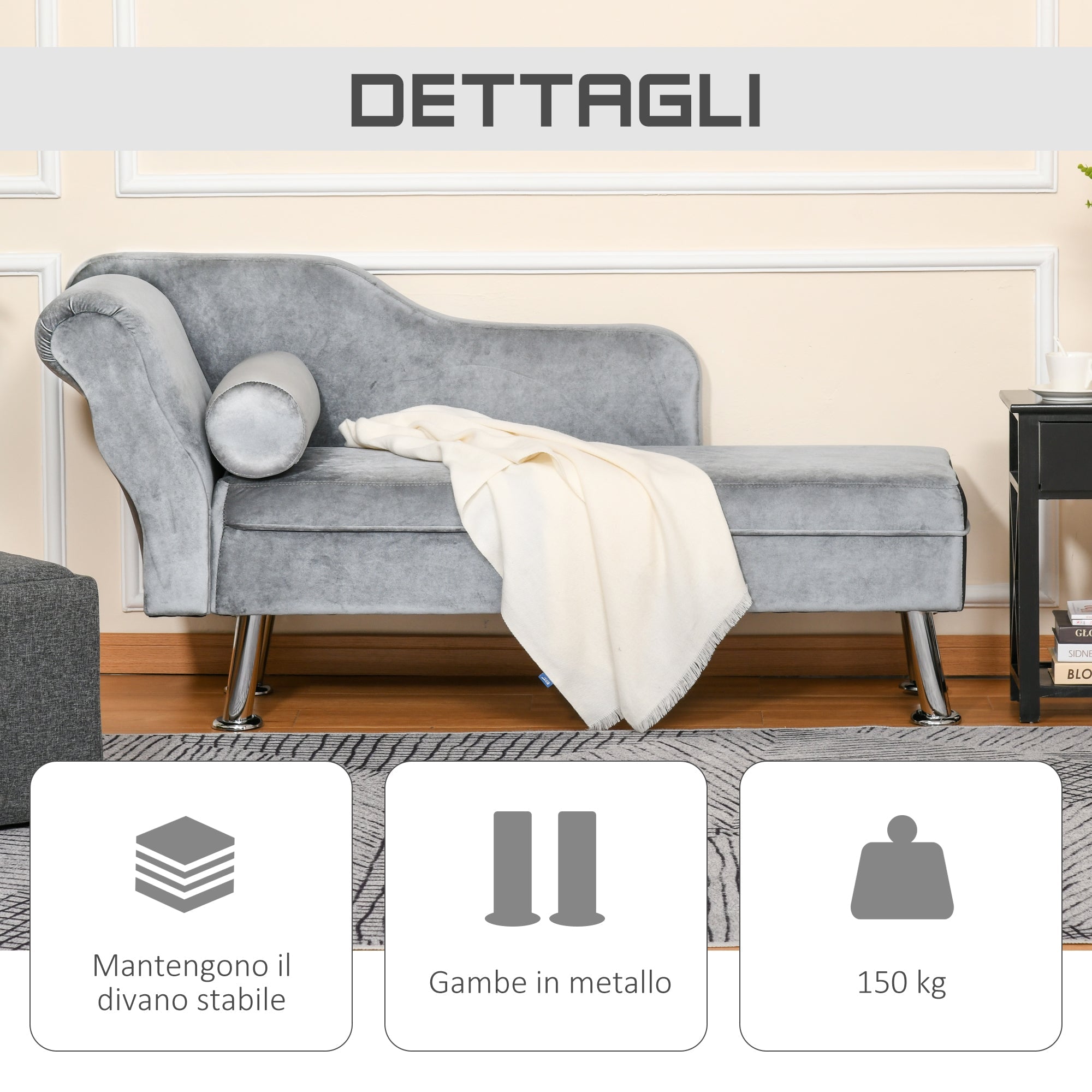 Chaise Longue padded with pillow included in metal and Grey velvet 160x56x75 cm - Borgè