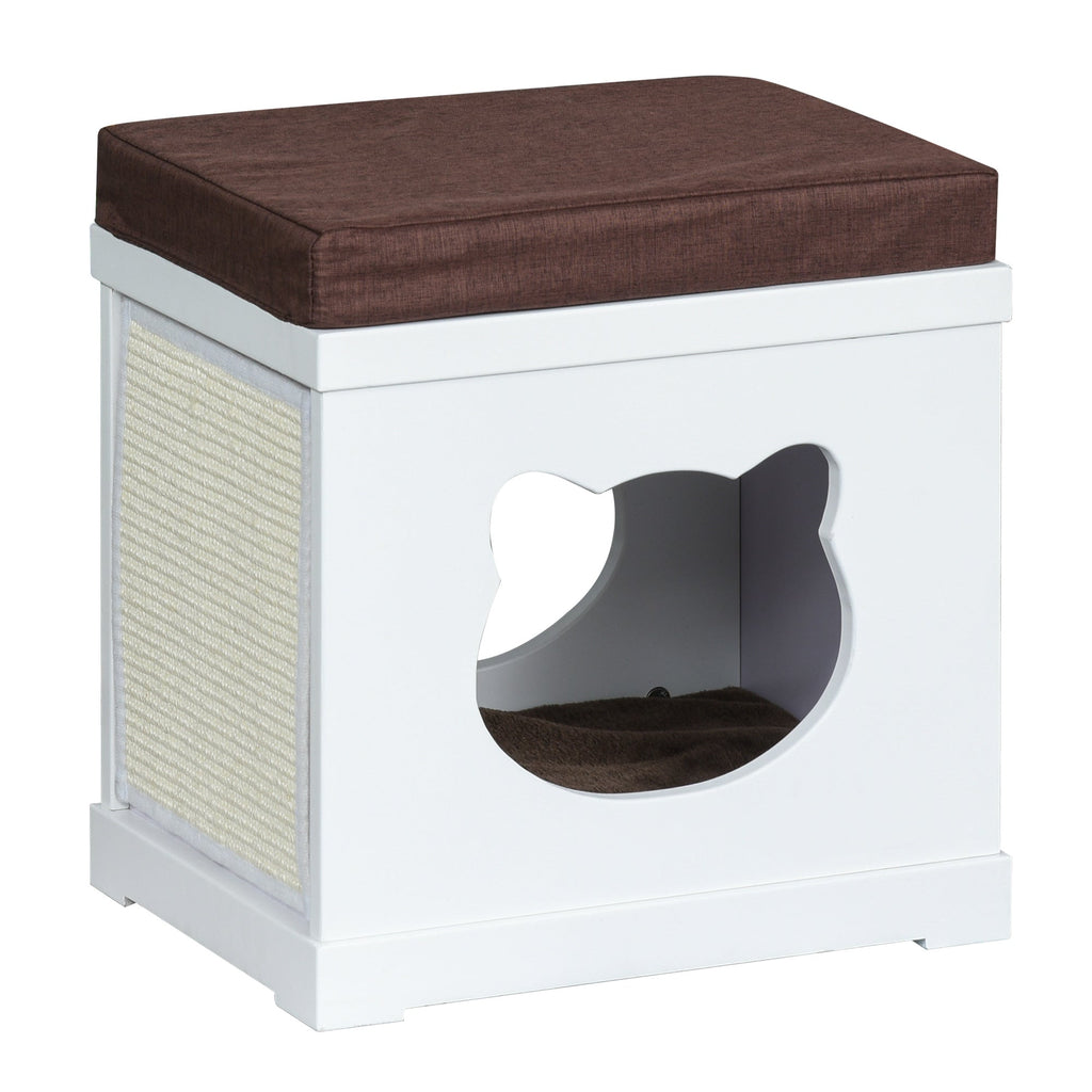Wooden Cat House with 2 Pillows and Removable Scratching Post, White and Brown, 41x30x36cm - Borge' Group Limited