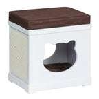 Wooden Cat House with 2 Pillows and Removable Scratching Post, White and Brown, 41x30x36cm - Borge' Group Limited