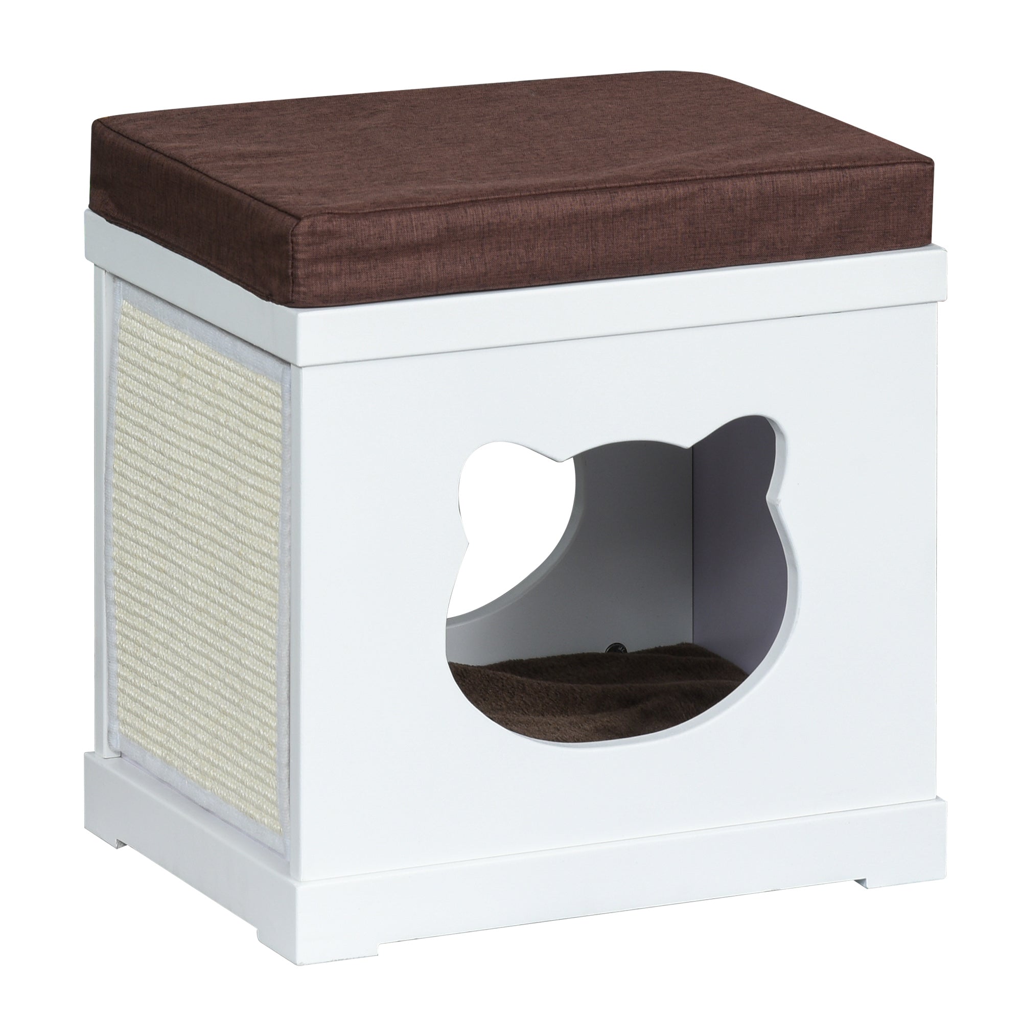 Wooden Cat House with 2 Pillows and Removable Scratching Post, White and Brown, 41x30x36cm - Borge' Group Limited