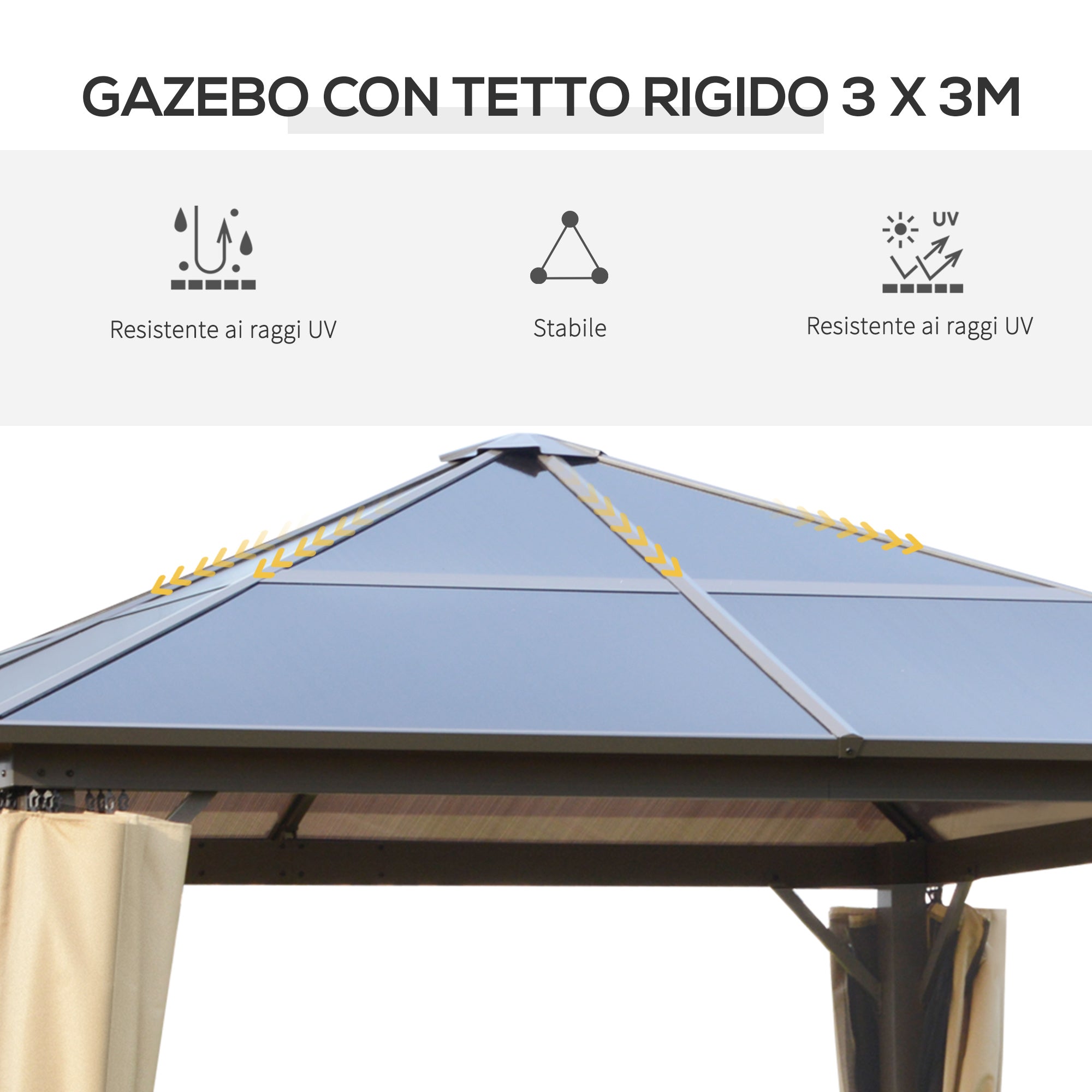 3x3m Garden Gazebo with Polycarbonate Roof and Mosquito Nets, Coffee and Khaki - Borge' Group Limited