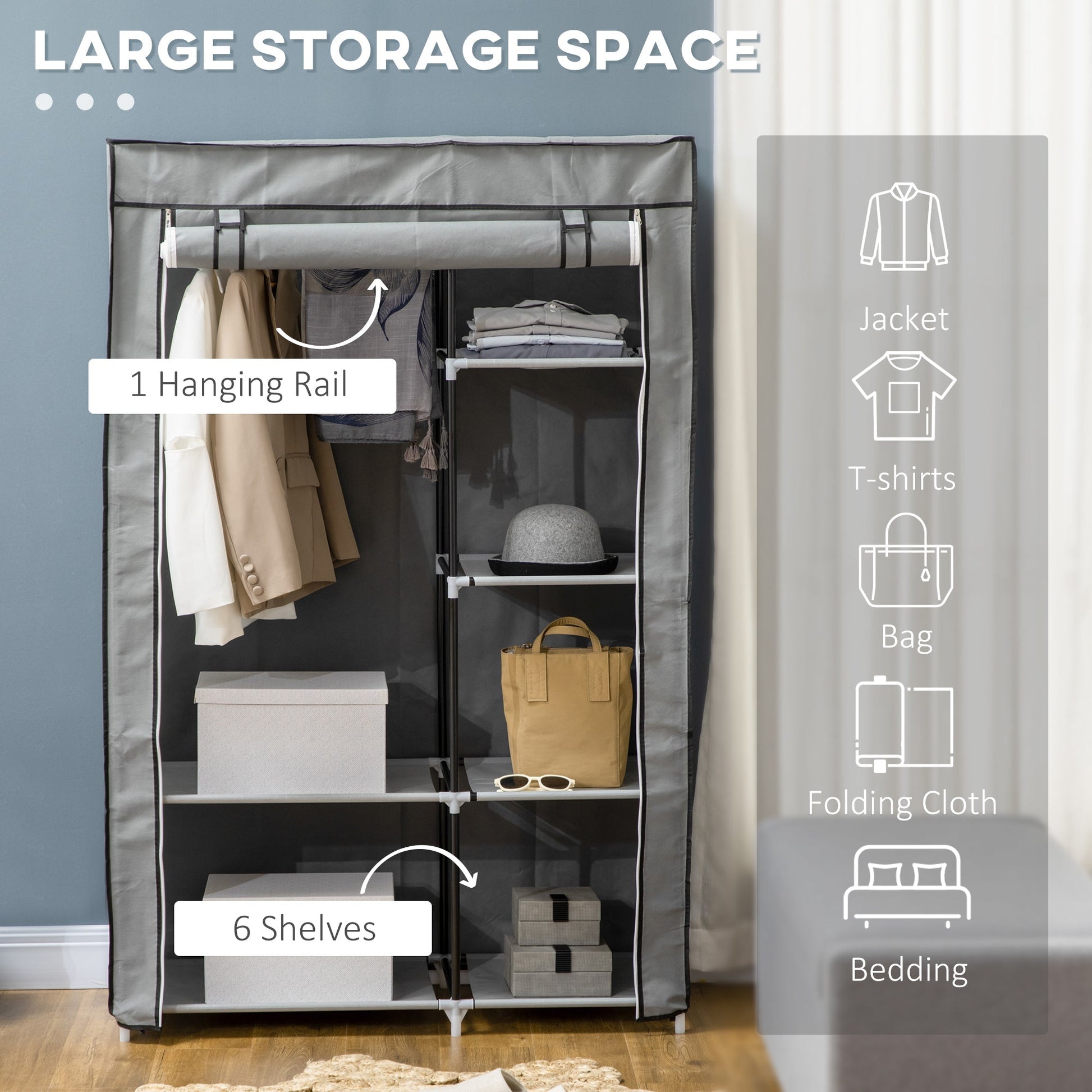 Portable wardrobe wardrobe Non -woven with 6 open shelves and an Appendino, 103x43x162.5 cm, Grey - Borgè