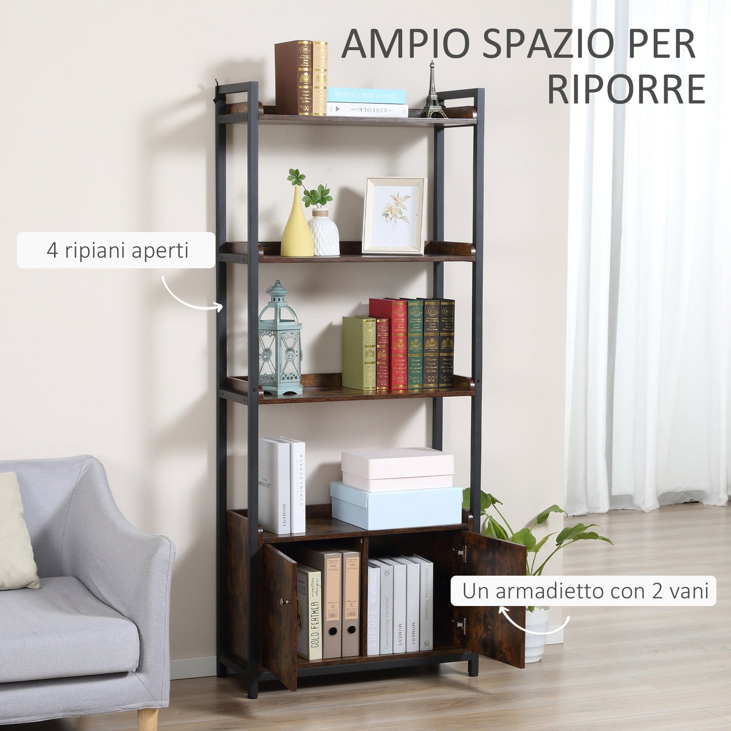 Mobile Library 4 shelves with 2 industrial -style 2 doors for home and office, 75x30x180cm, brown