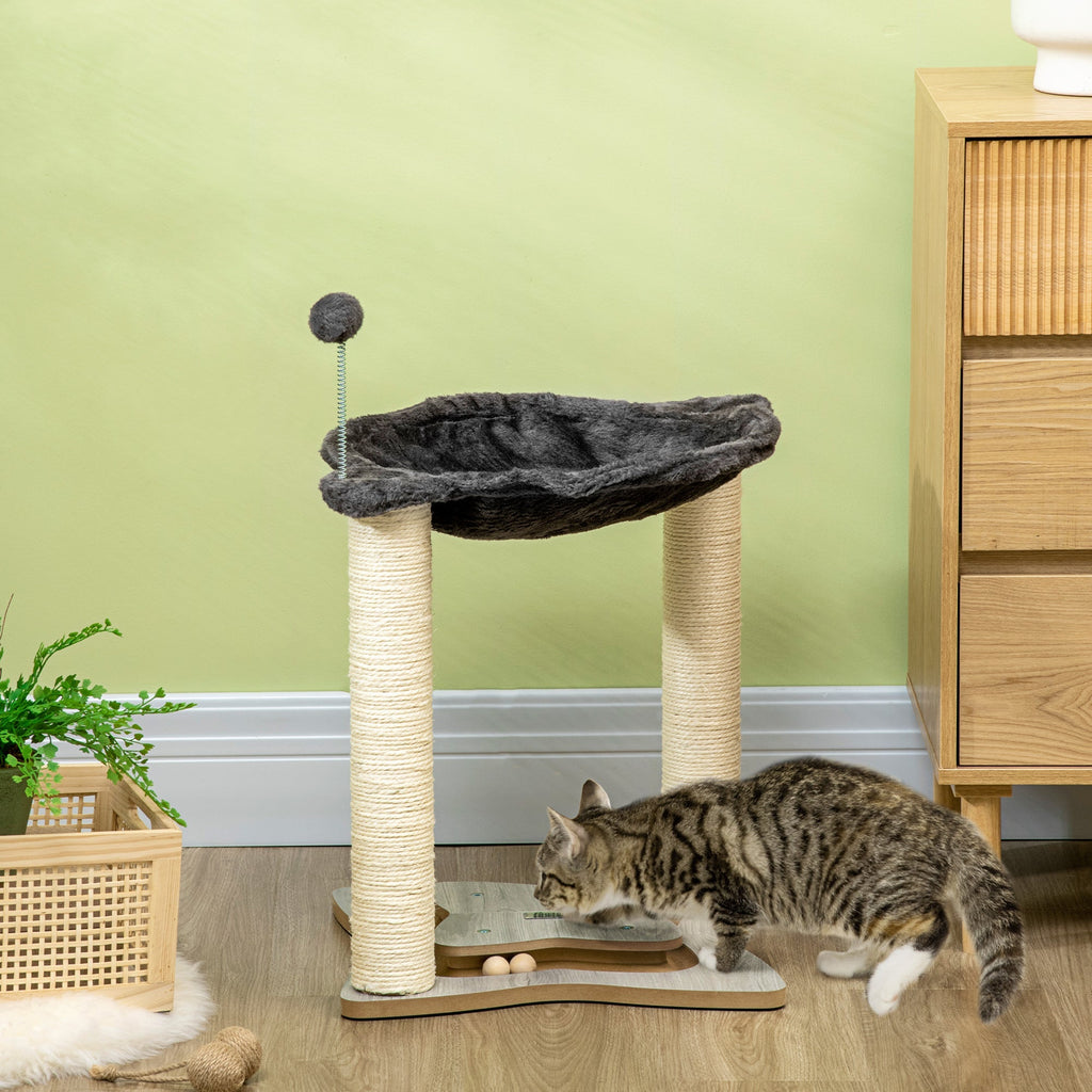 Cat Scratching Post with Plush Hammock, Wooden Base with Toy and Sisal Poles, 53.55x53. 5x66cm, Grey - Borge' Group Limited