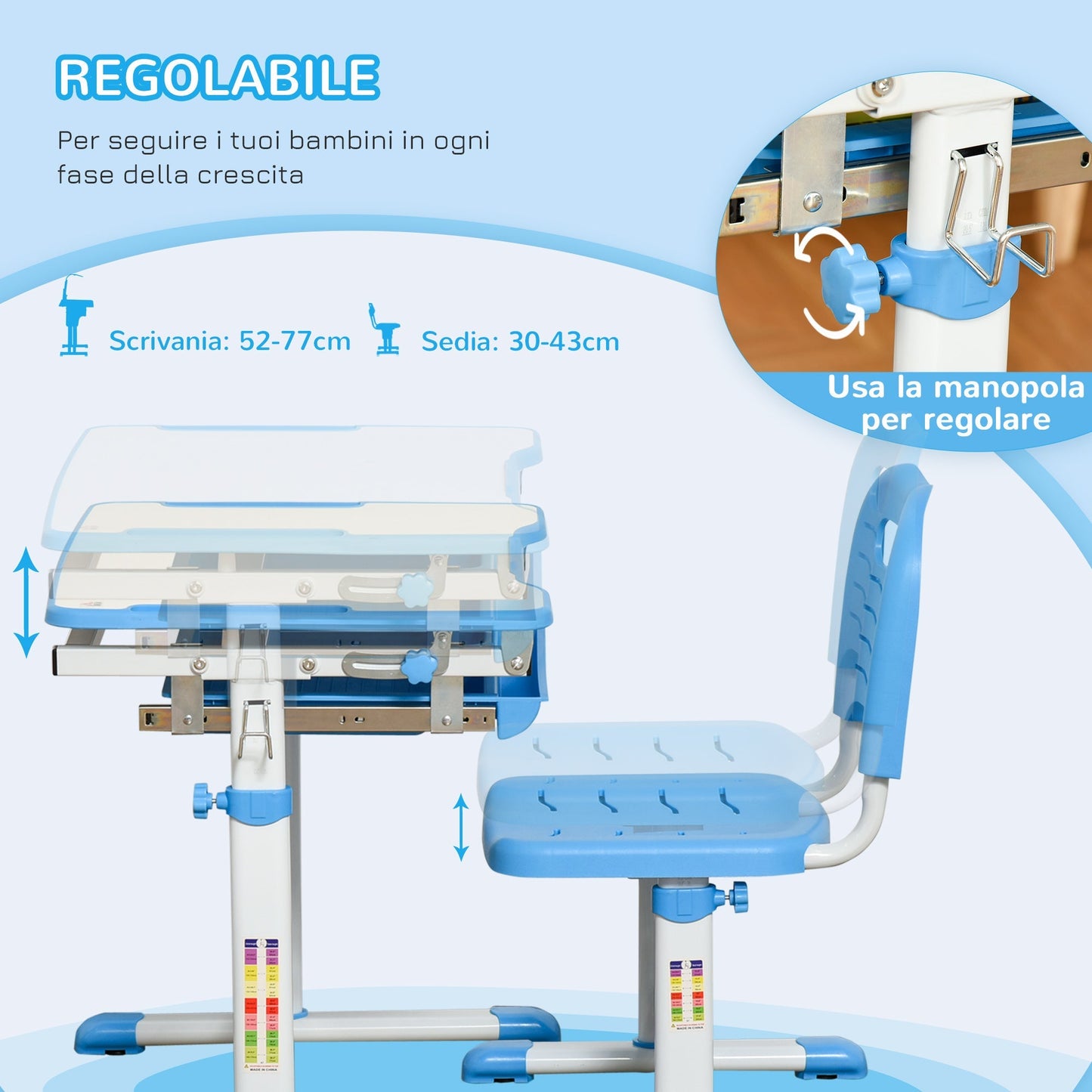 school desk with height adjustable chair for children 6-12 years, drawer and tilted plan at 45 Â°, steel and mdf, blue - Borgè