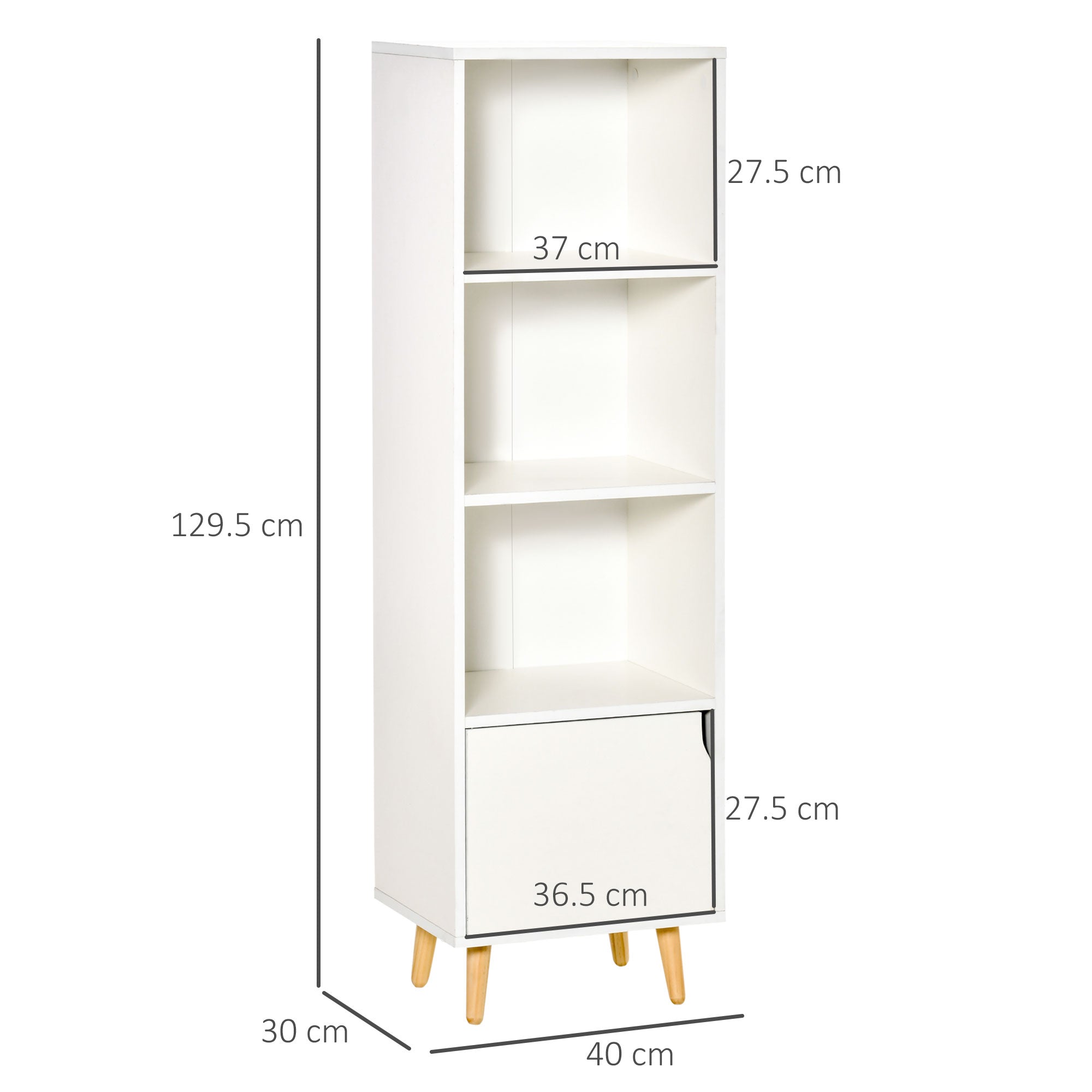 shelf bookcase with 3 shelves and 1 wooden locker, 40x30x129.5cm - white - Borgè