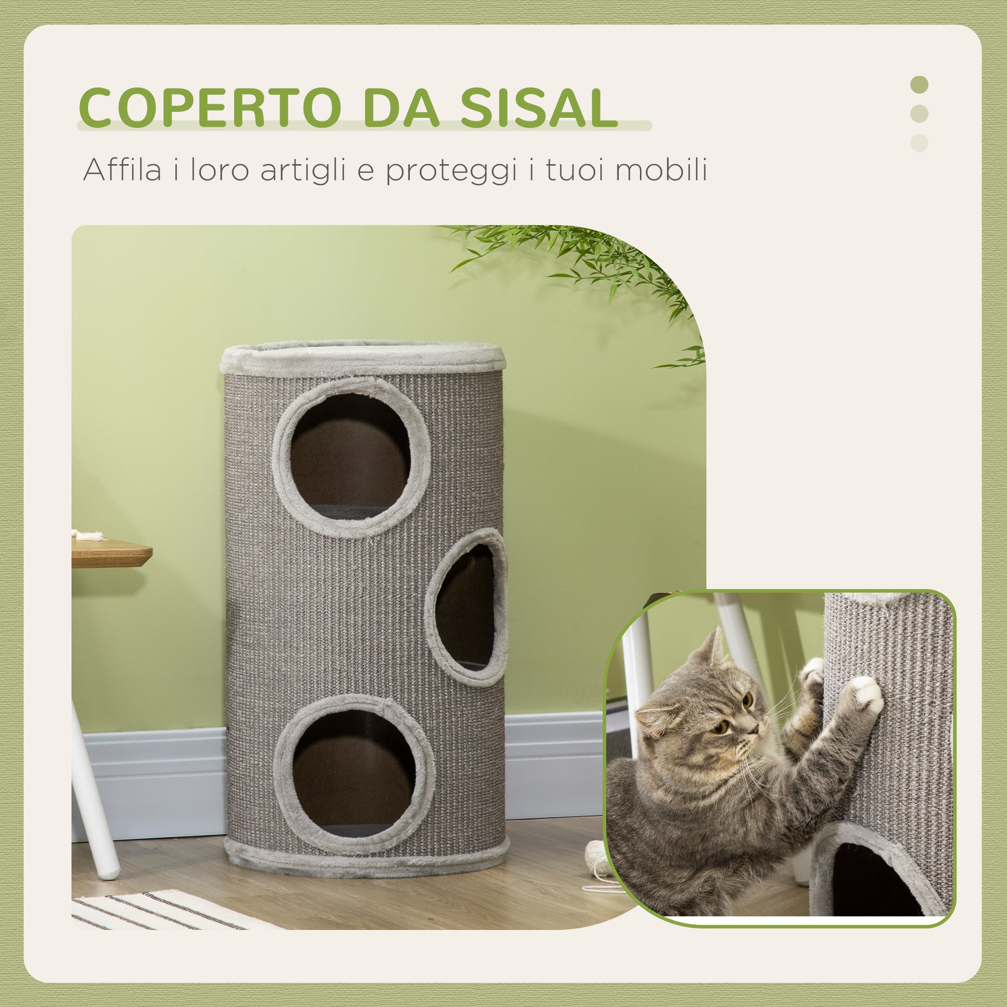 3-Tier Cat House with Sisal Scratching Post and Plush, Ø38x70cm, Light Grey - Borge' Group Limited