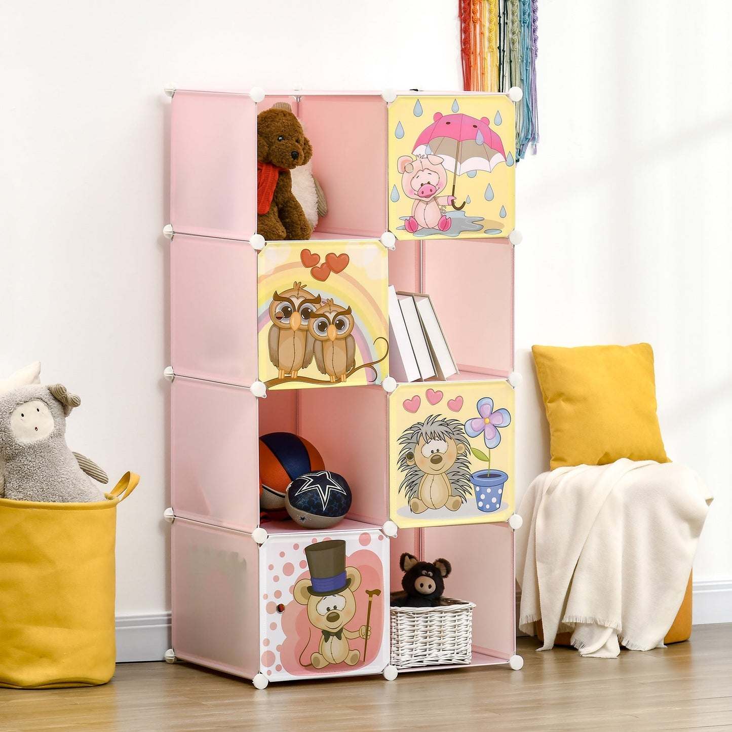 Mobile Mobile Modular Space Modular With Interior Animal Drawings, 8 cubes 35x45x35cm Plastic PP and steel, 74x47x144cm, Rosa - Borgè