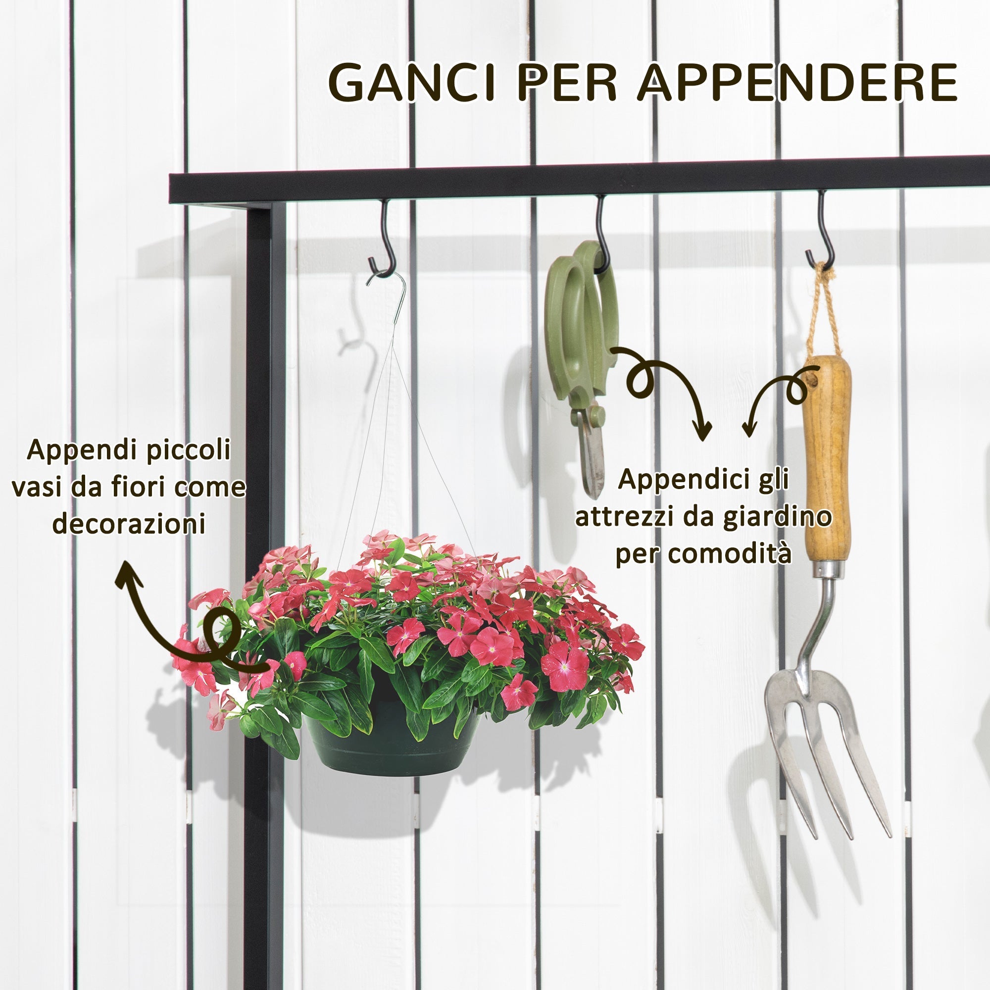 3-Tier Flower Stand with Top Hooks Fir Wood and Metal for Indoor and Outdoor, 80x36x174 cm - Borge' Group Limited