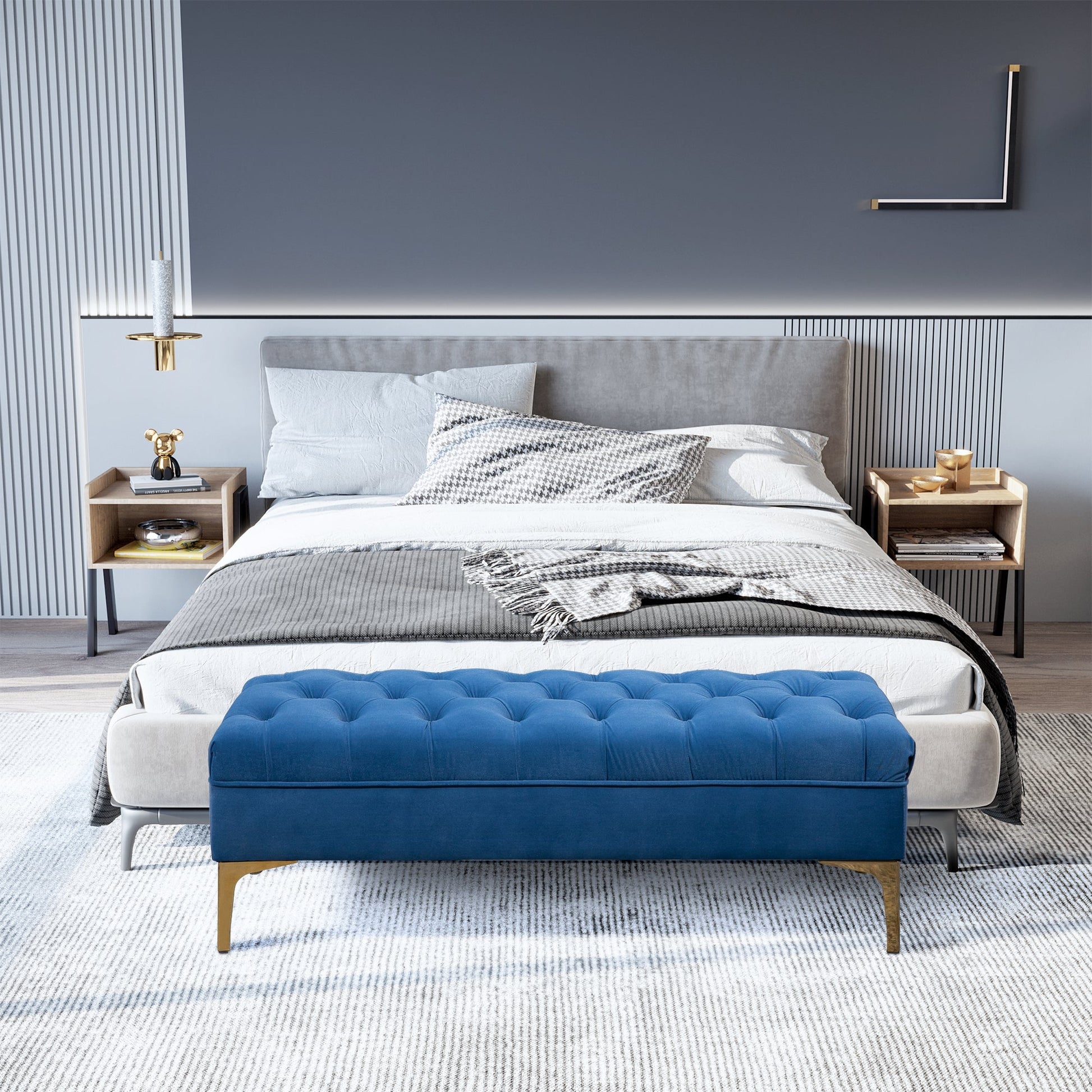 Bench Padda Fondaleto in velvety fabric, bench for bedroom and entrance with quilt decoration, metal feet, blue - Borgè