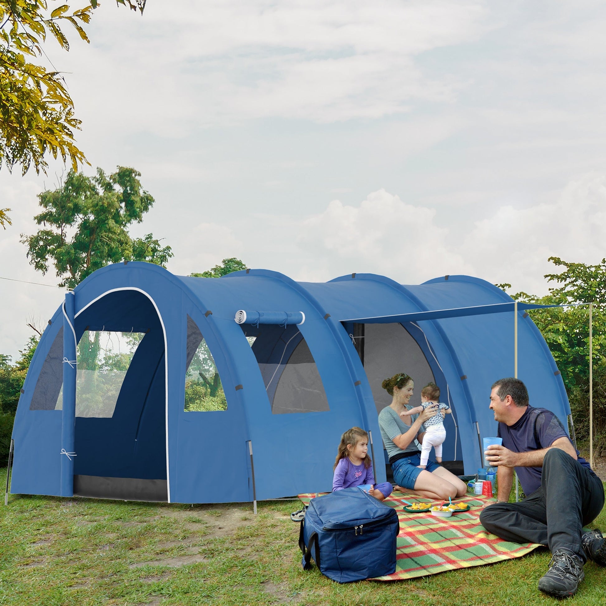 OUTSUNNY Tente de camping familiale 5-6 pers. - grande porte + 3 fenêtres -  dim. 4,55L x 2,3l x 1,8H m fibre verre polyester oxford gris pas cher 