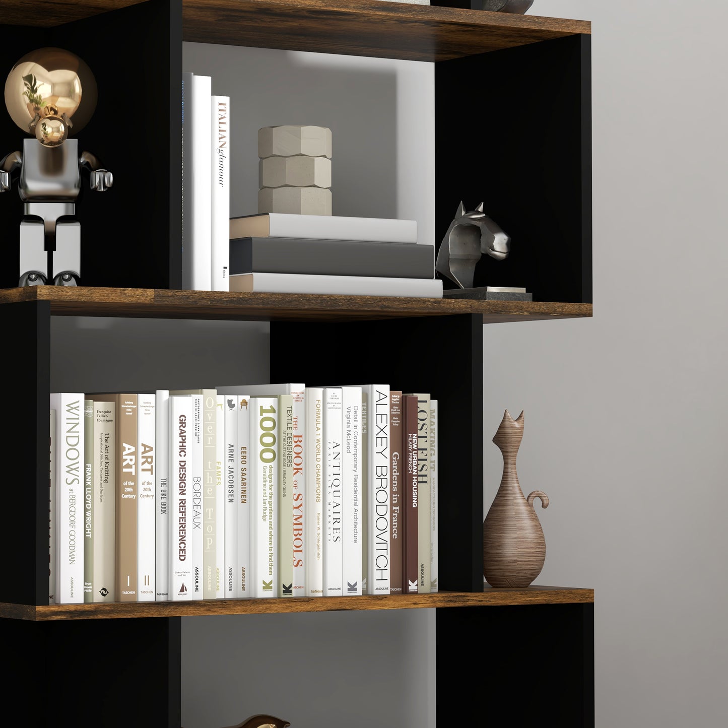 Homonda Modern Asymmetrical Wall Library with 5 Wooden shelves, 70x29.5x163cm, Rustic brown - Borgè