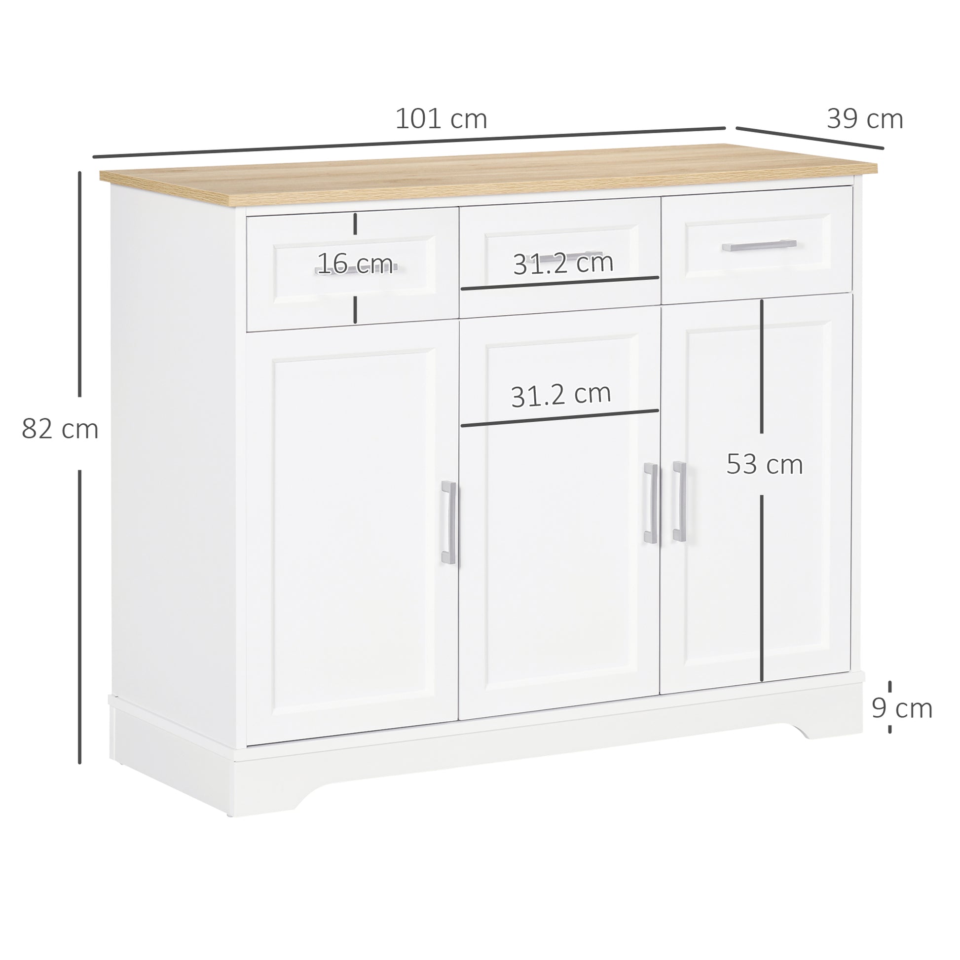 Homcom Modern Credenza with 3 drawers and 3 MDF doors and chipboard with adjustable shelf, 101x39x82 cm, white - Borgè