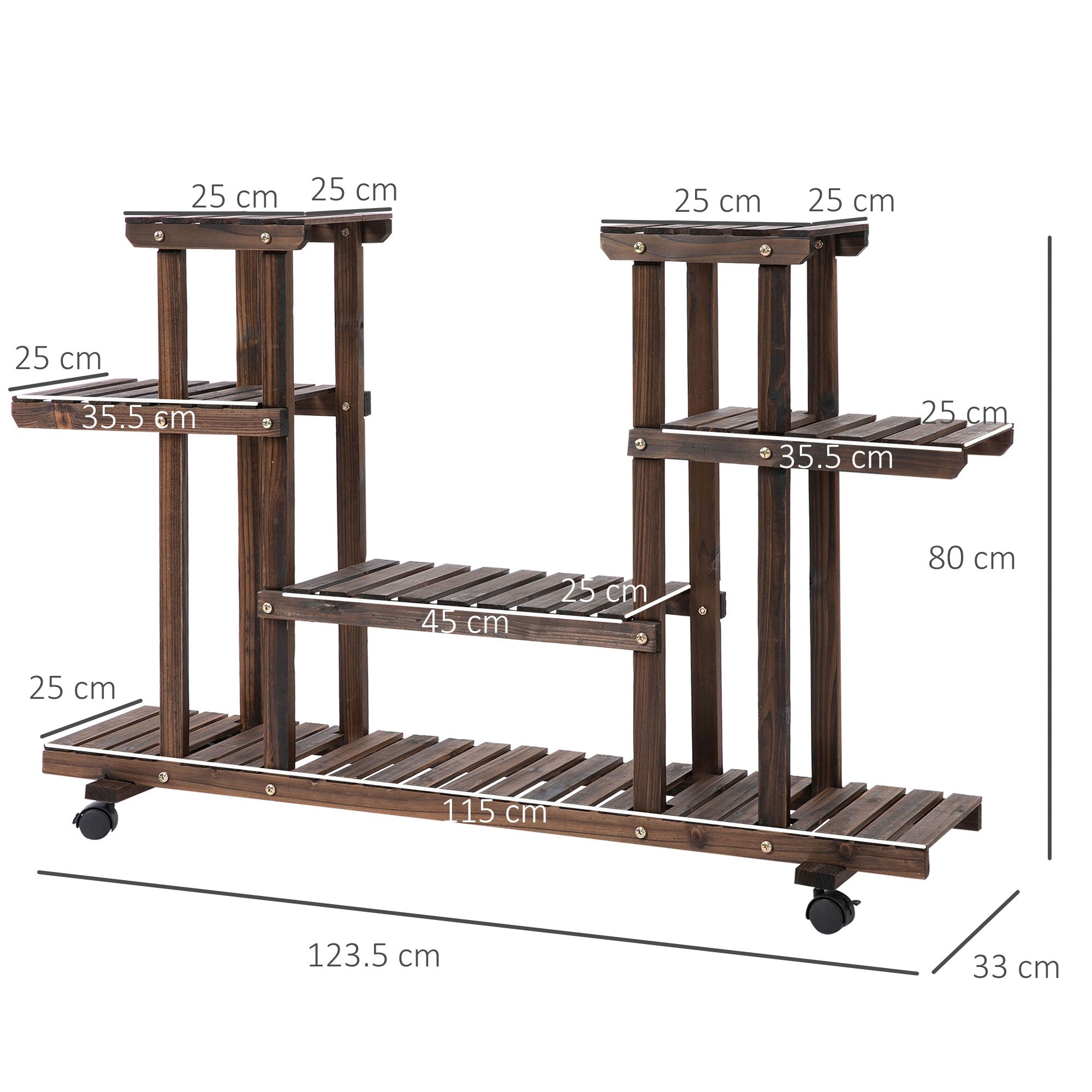 4-Tier Flower Rack, Indoor and Outdoor Wooden Planter with 4 Wheels, 123.5 x 33 x 80cm - Borge' Group Limited
