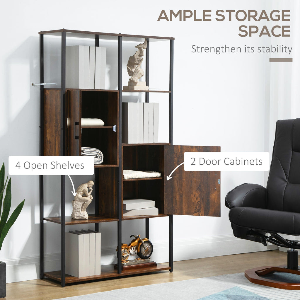 Homond industrial style bookcase with 4 shelves and 2 lockers, 90x30x159.5cm, black and brown - Borgè
