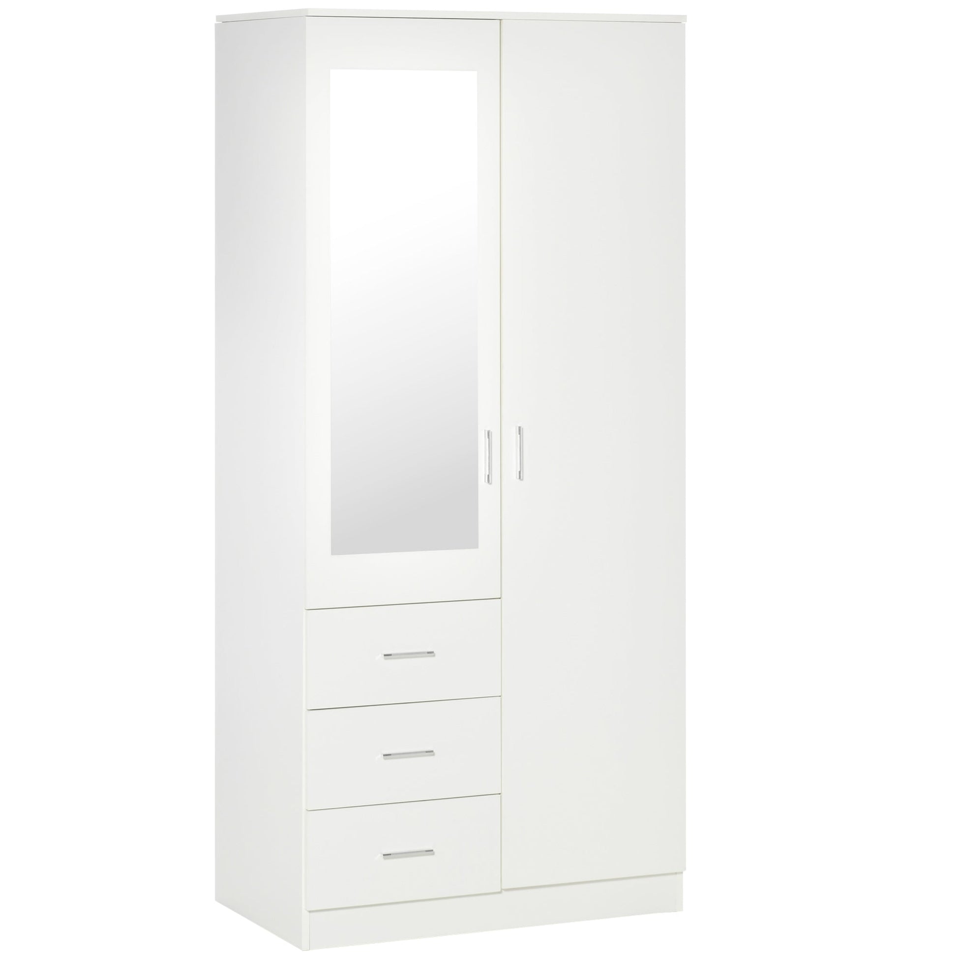 Modern wardrobe 2 doors with mirror and 3 drawers, adjustable shelves and bend bar, 80x50x180cm, white - Borgè