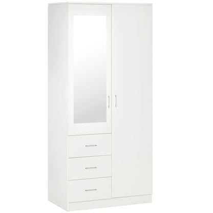 Modern wardrobe 2 doors with mirror and 3 drawers, adjustable shelves and bend bar, 80x50x180cm, white - Borgè