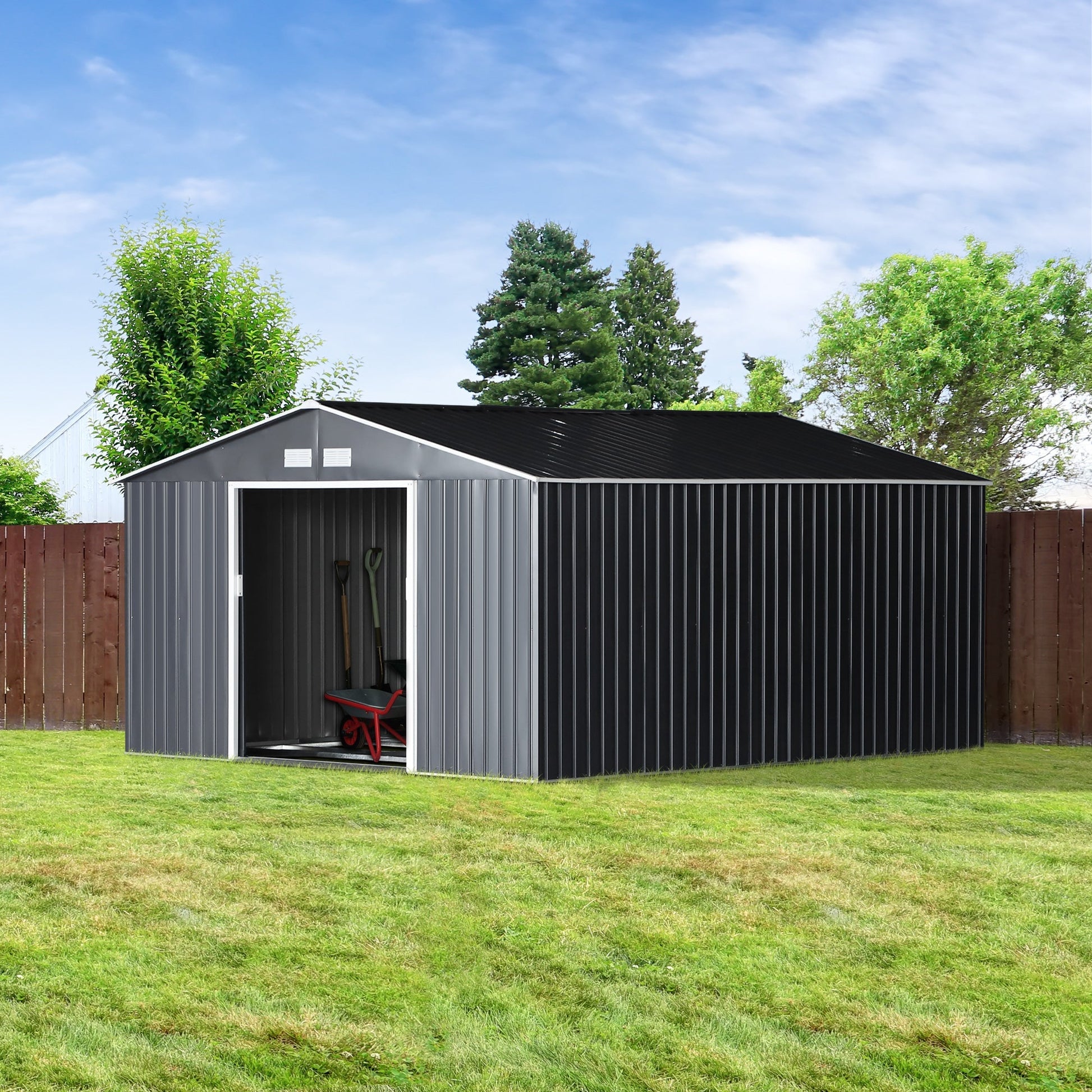 Outsunny garden house with double sliding doors, steel garden shed, 340x386x200cm, Grey - Borgè