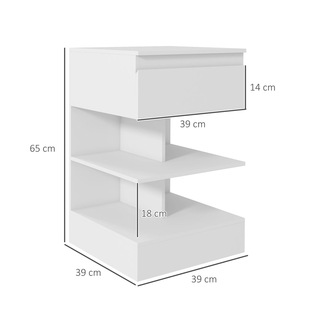 Homcom modern bedside table in chipboard and mdf with a drawer and 2 shelves, 39x39x65 cm, white - Borgè