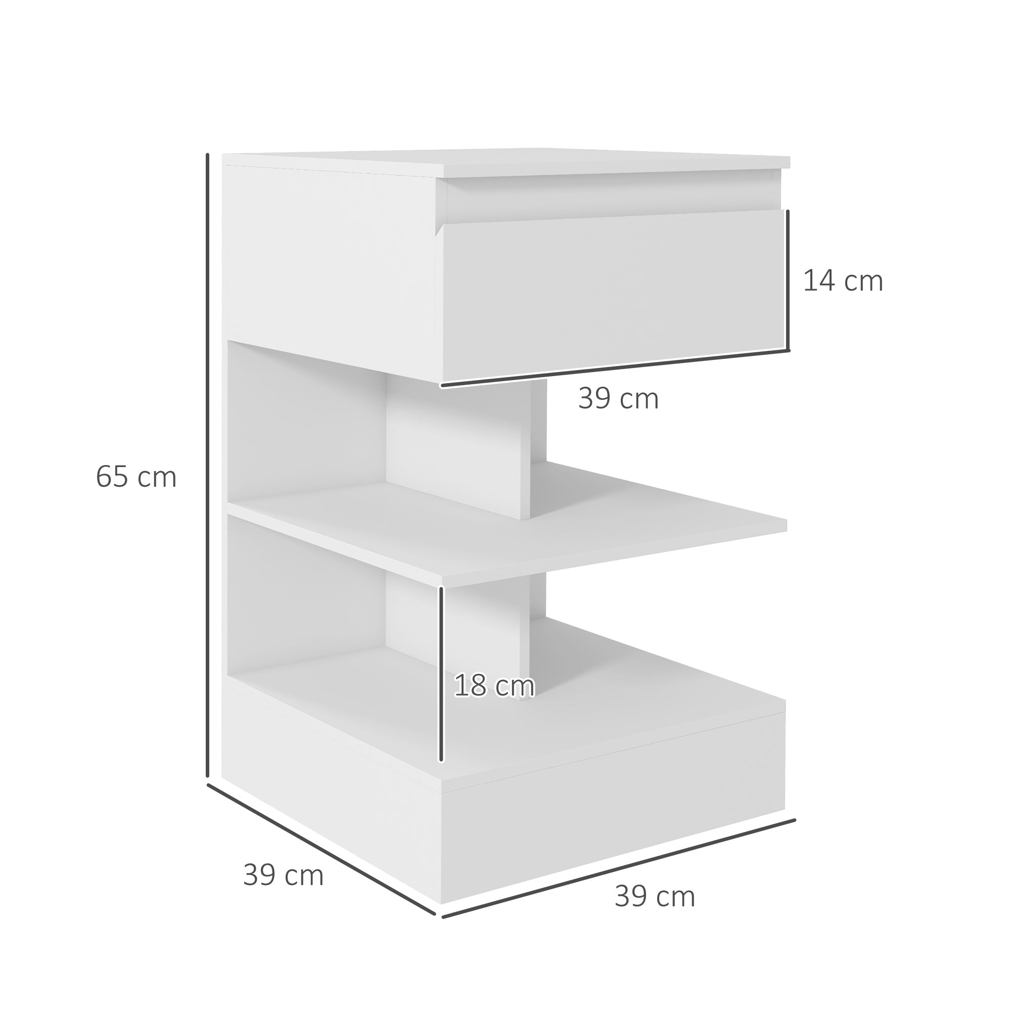 Homcom modern bedside table in chipboard and mdf with a drawer and 2 shelves, 39x39x65 cm, white - Borgè
