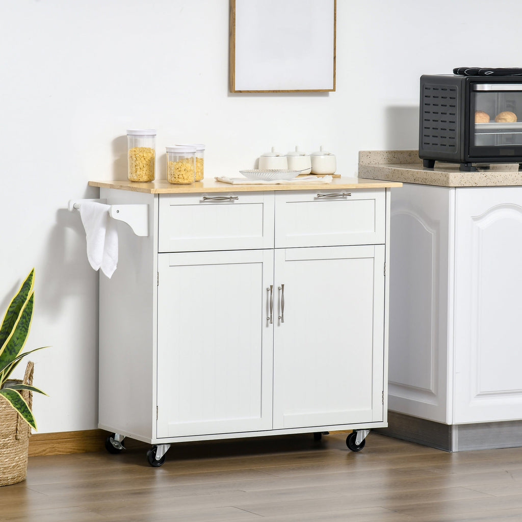 Multiuse wooden kitchen trolley with 2 drawers, 104x46x91cm - white - Borgè