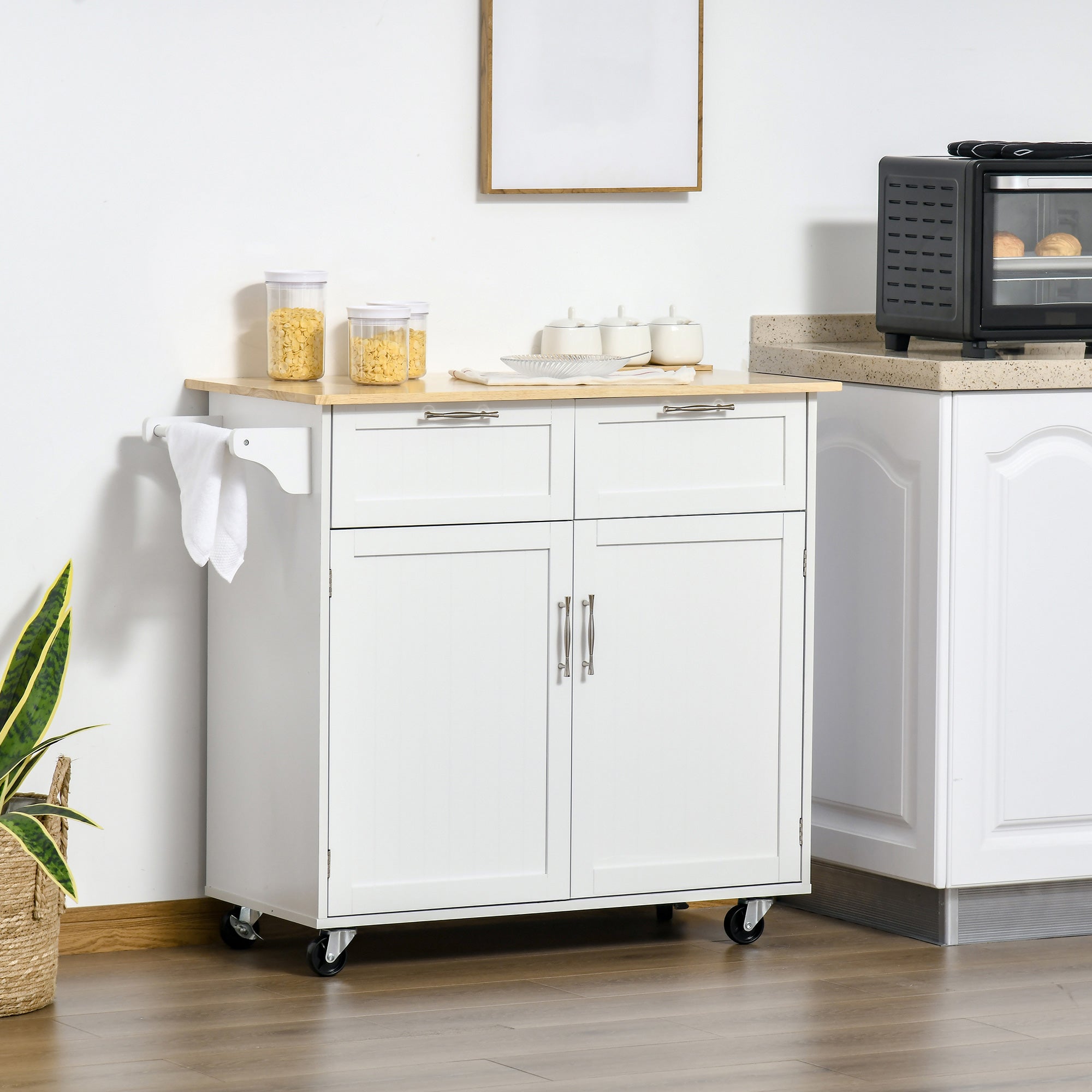 Multiuse wooden kitchen trolley with 2 drawers, 104x46x91cm - white - Borgè