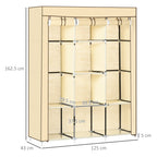 fabric wardrobe with 8 shelves and 2 bars, portable wardrobe with roller shit, 125x43x162.5cm, beige - Borgè