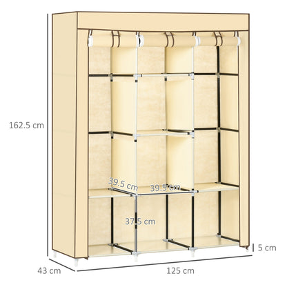 fabric wardrobe with 8 shelves and 2 bars, portable wardrobe with roller shit, 125x43x162.5cm, beige