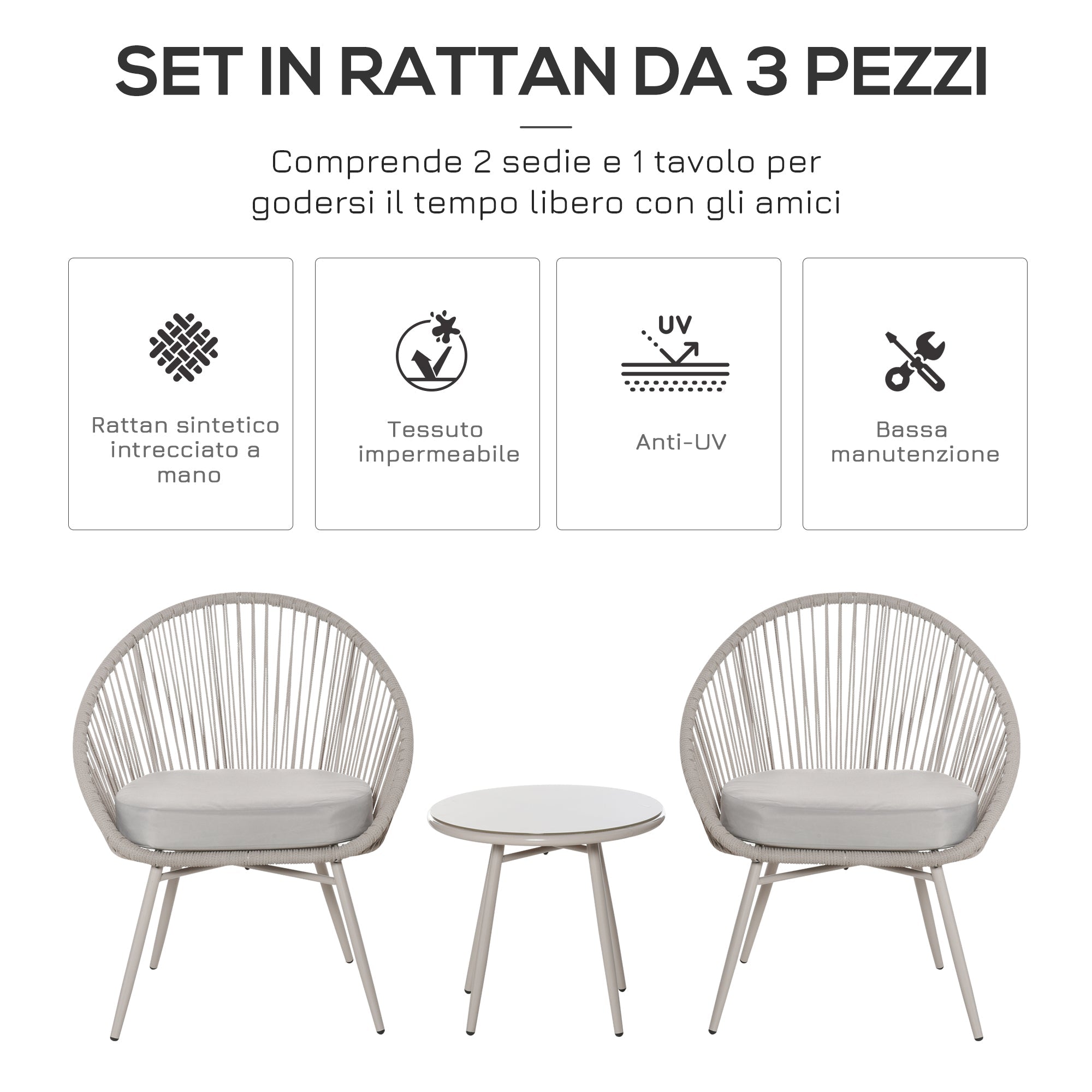 Boho Style Synthetic Rattan Garden Set with Coffee Table and 2 Chairs, Cream White - Borge' Group Limited