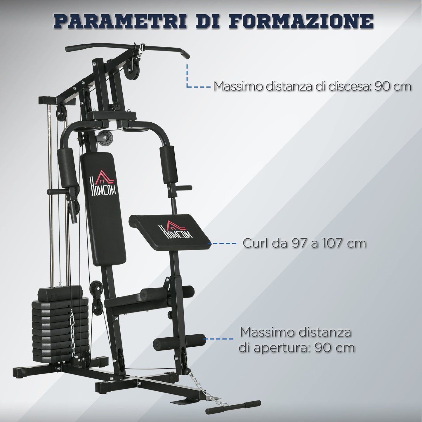 Multifunctional Fitness Station with weights up to 45kg and padded bench, 135x103x210cm