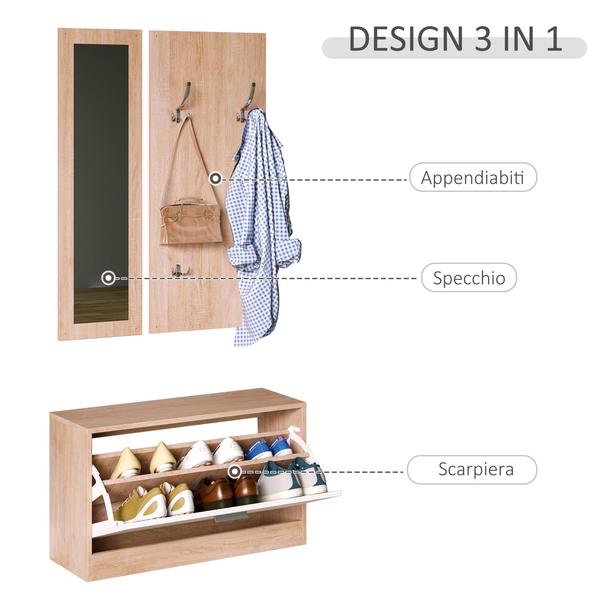 Set 3 pieces SCANDLE HAPPENDIBITS Mirror Wardrobe Wardroba in Wooden, 80x27x46.5cm - Borgè