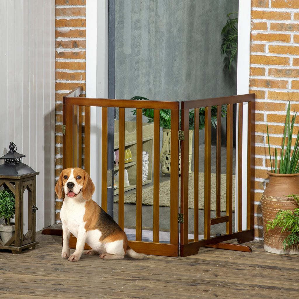3 Panel Folding Dog Gate with Non-Slip Feet for Hallways, Stairs and Rooms, Pine Wood, 181x35x76 cm, Dark Brown - Borge' Group Limited