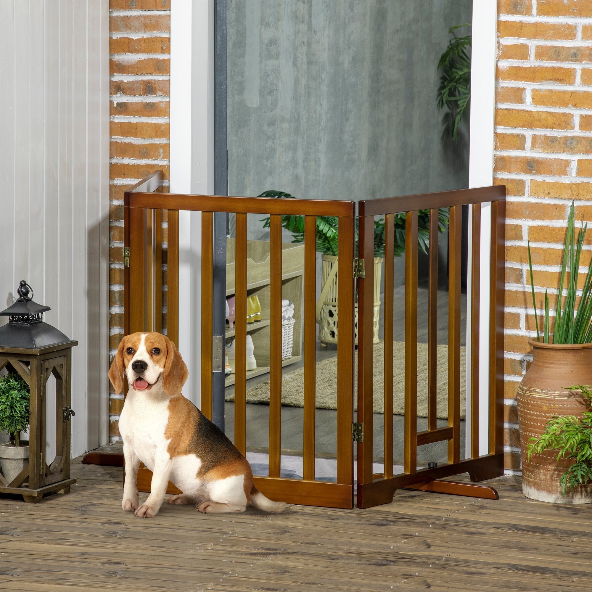 3 Panel Folding Dog Gate with Non-Slip Feet for Hallways, Stairs and Rooms, Pine Wood, 181x35x76 cm, Dark Brown - Borge' Group Limited