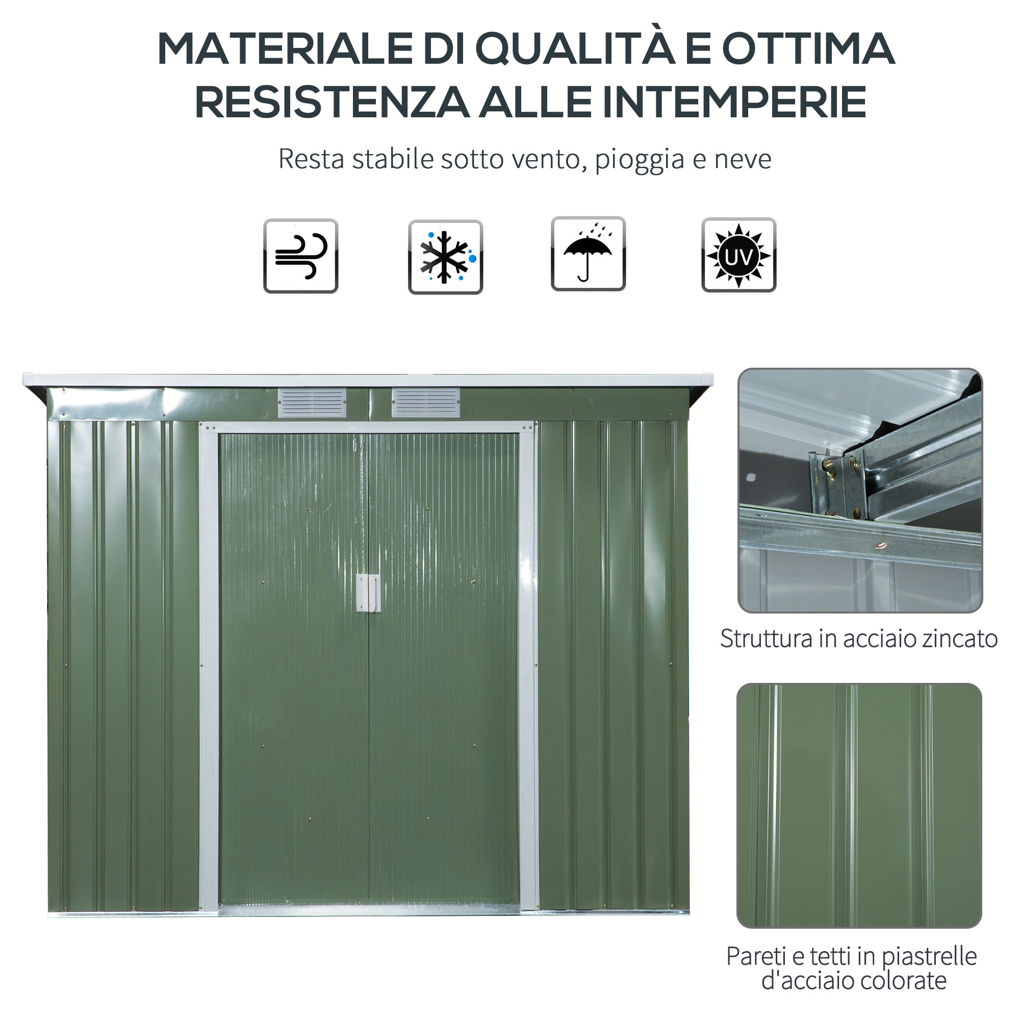 Steel Garden House with Double Sliding Door and air intakes, 213x130x173 cm, green - Borge' Group Limited
