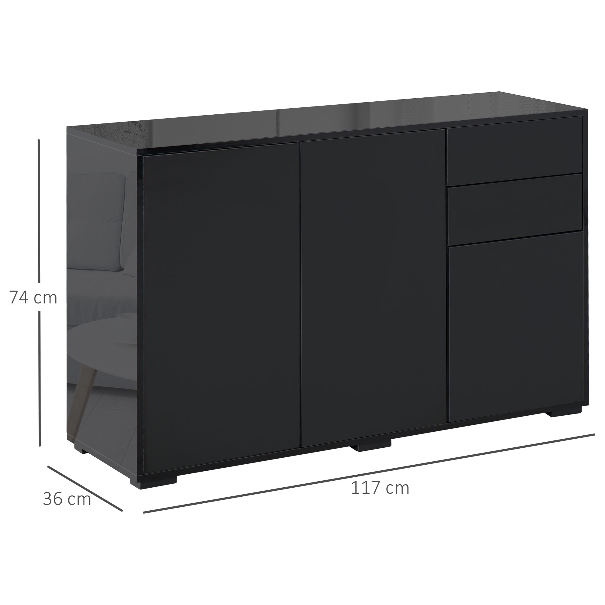 Homcom Black Multiuse Cabinet with 2 drawers and 2 Pressure opening cabinets, 117x36x74cm - Borgè