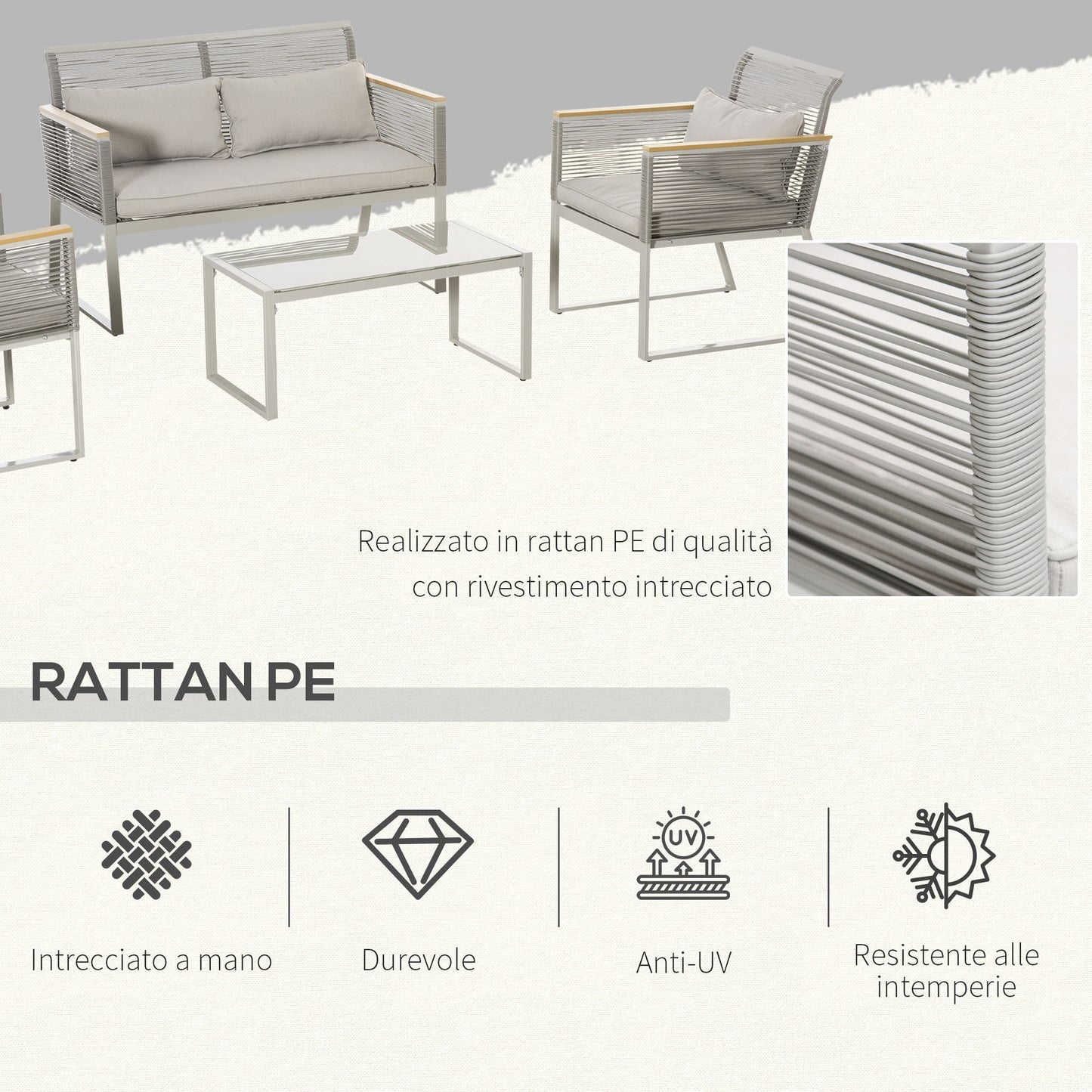 Outsunny garden set 4 pieces in Rattan pe with 2 armchairs, sofa and coffee table in Grey tempered glass - Borgè