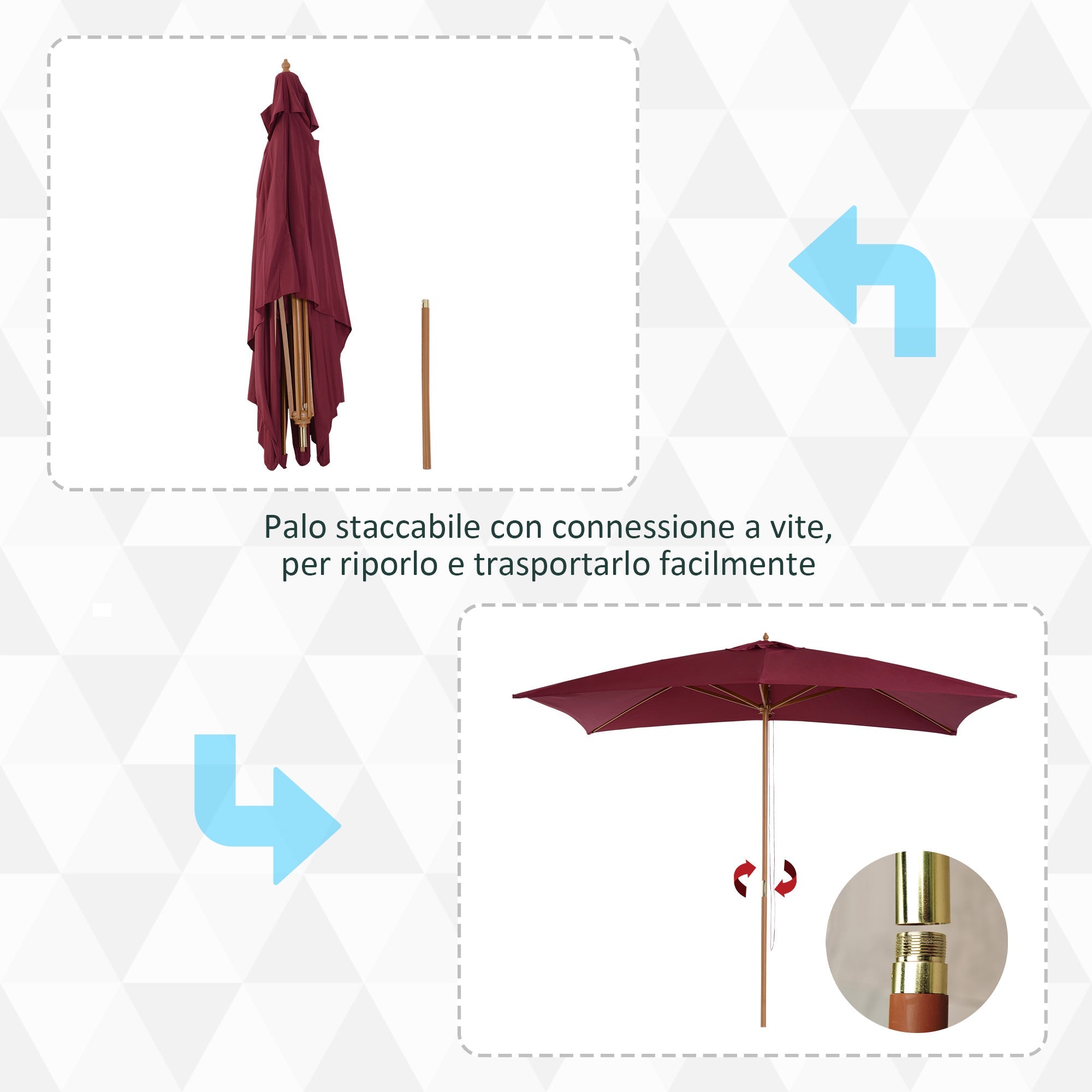 2x3m Waterproof Garden Umbrella with 8 Ribs, in Wood and Bamboo, Burgandy - Borge' Group Limited