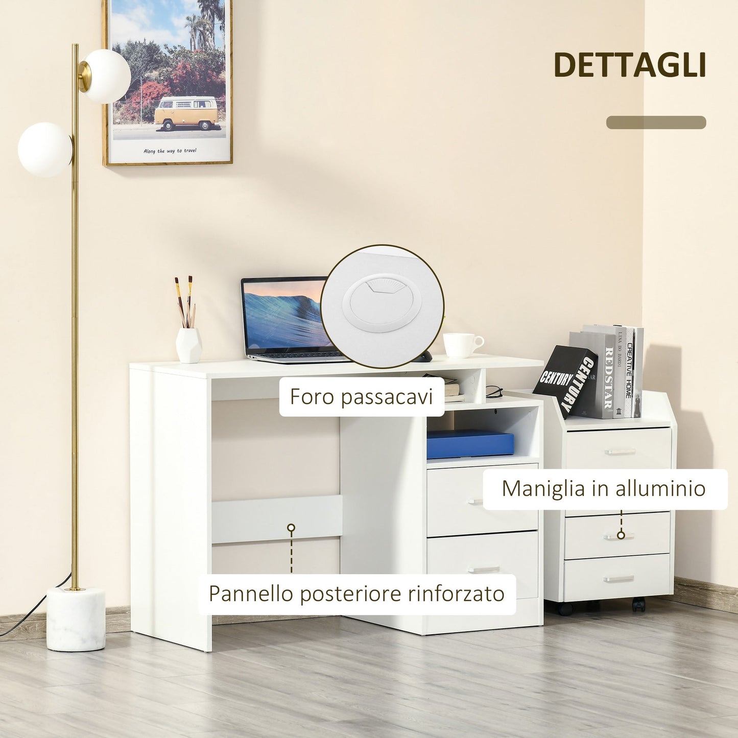 Desk PC Spotation for Chamber or Wooden Office, 108x48x76cm - White - Borgè