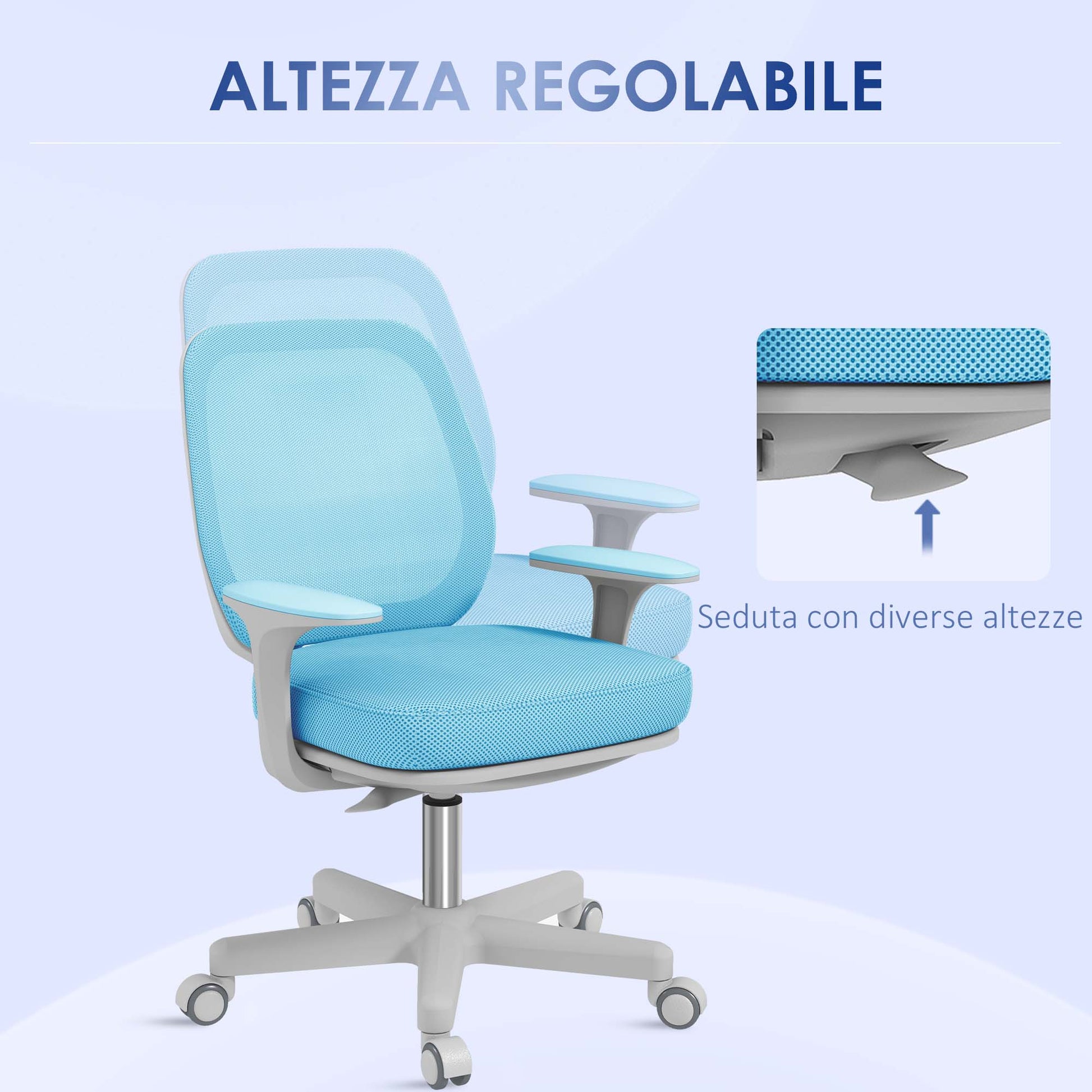 Ergonomic office chair and reclining at adjustable height with 5 wheels, 55x48x82.5-94.5 cm, light blue - Borgè