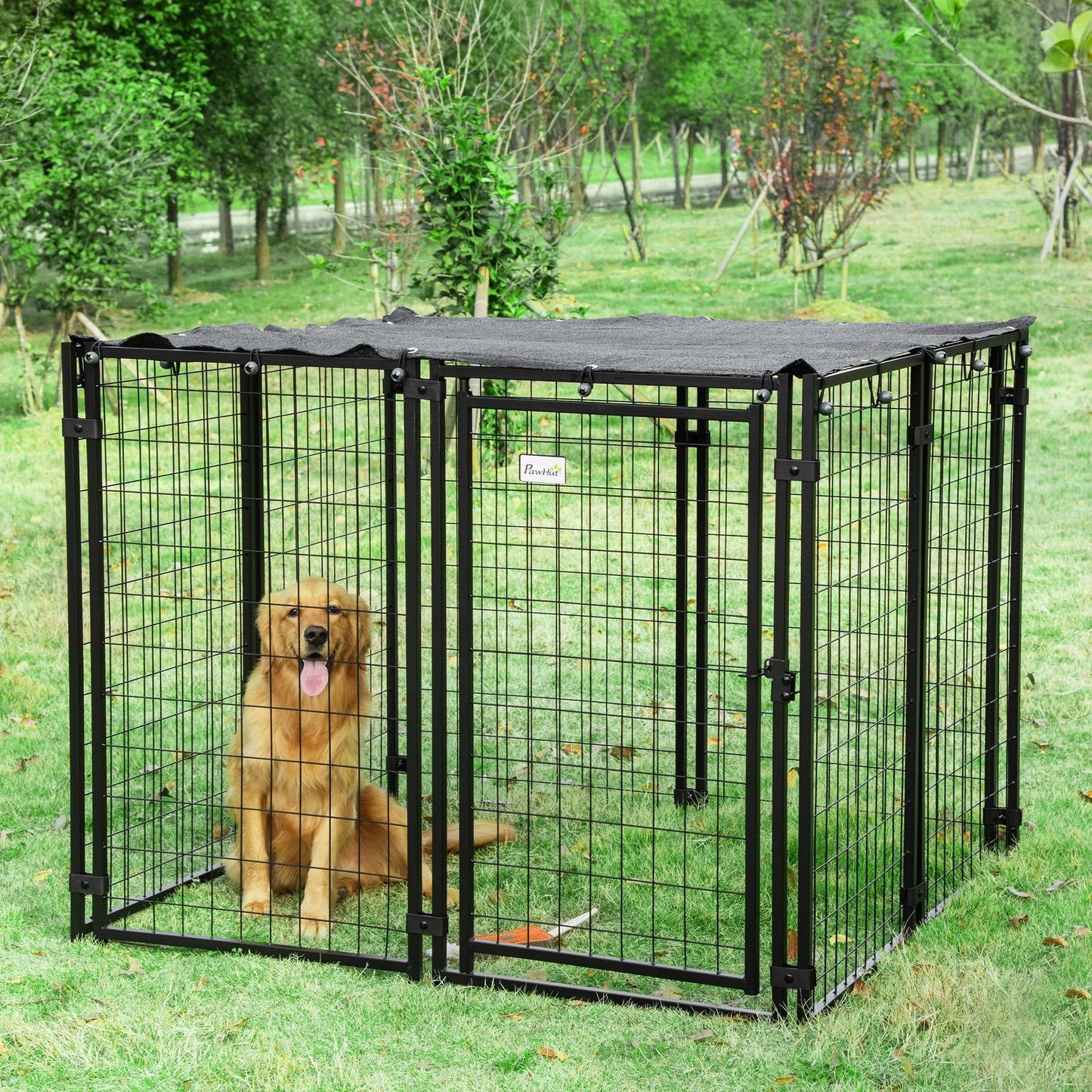 PAWHUT Fence for Folding Dogs With Cover, 8 Panels with Bloccable Door, 141x141x113cm, Black - Borgè