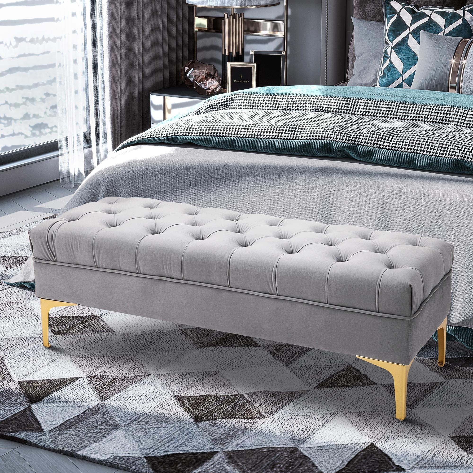 Packable Bench Fund in velvety fabric, Bedroom bench and entrance with quilt decoration, metal feet, Grey - Borgè